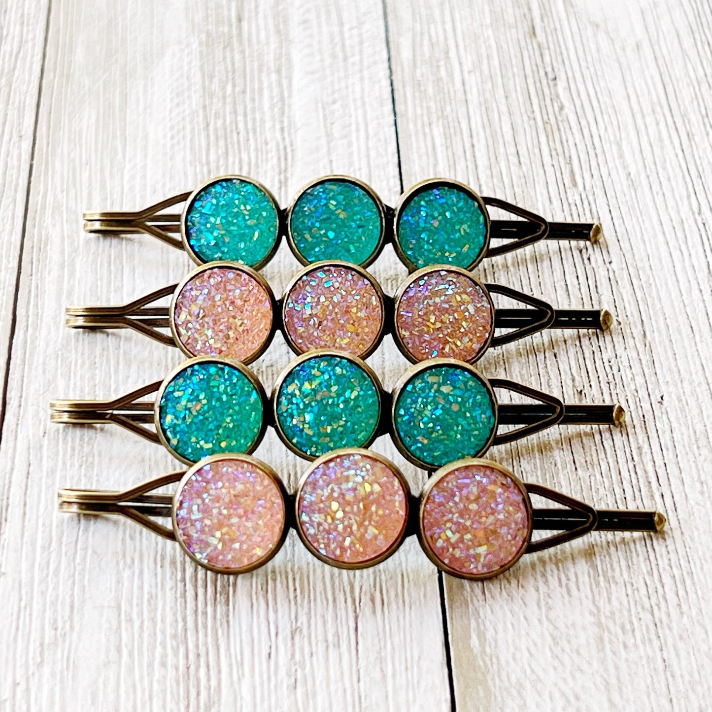 Turquoise & Rose Gold Druzy Hair Pins: Set of 4 Sparkling Accents for Boho Chic Hairstyles