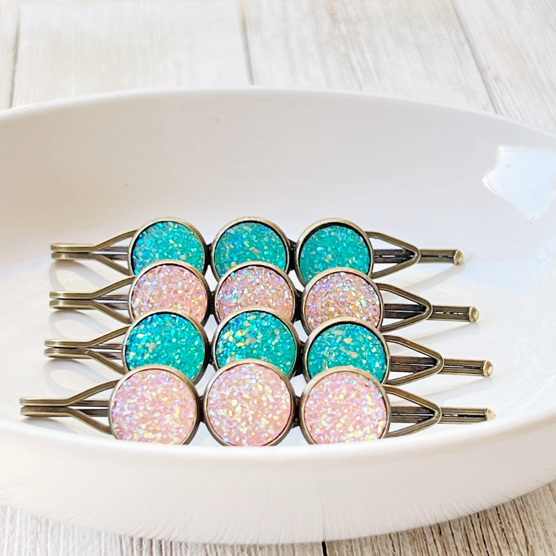 Turquoise & Rose Gold Druzy Hair Pins: Set of 4 Sparkling Accents for Boho Chic Hairstyles