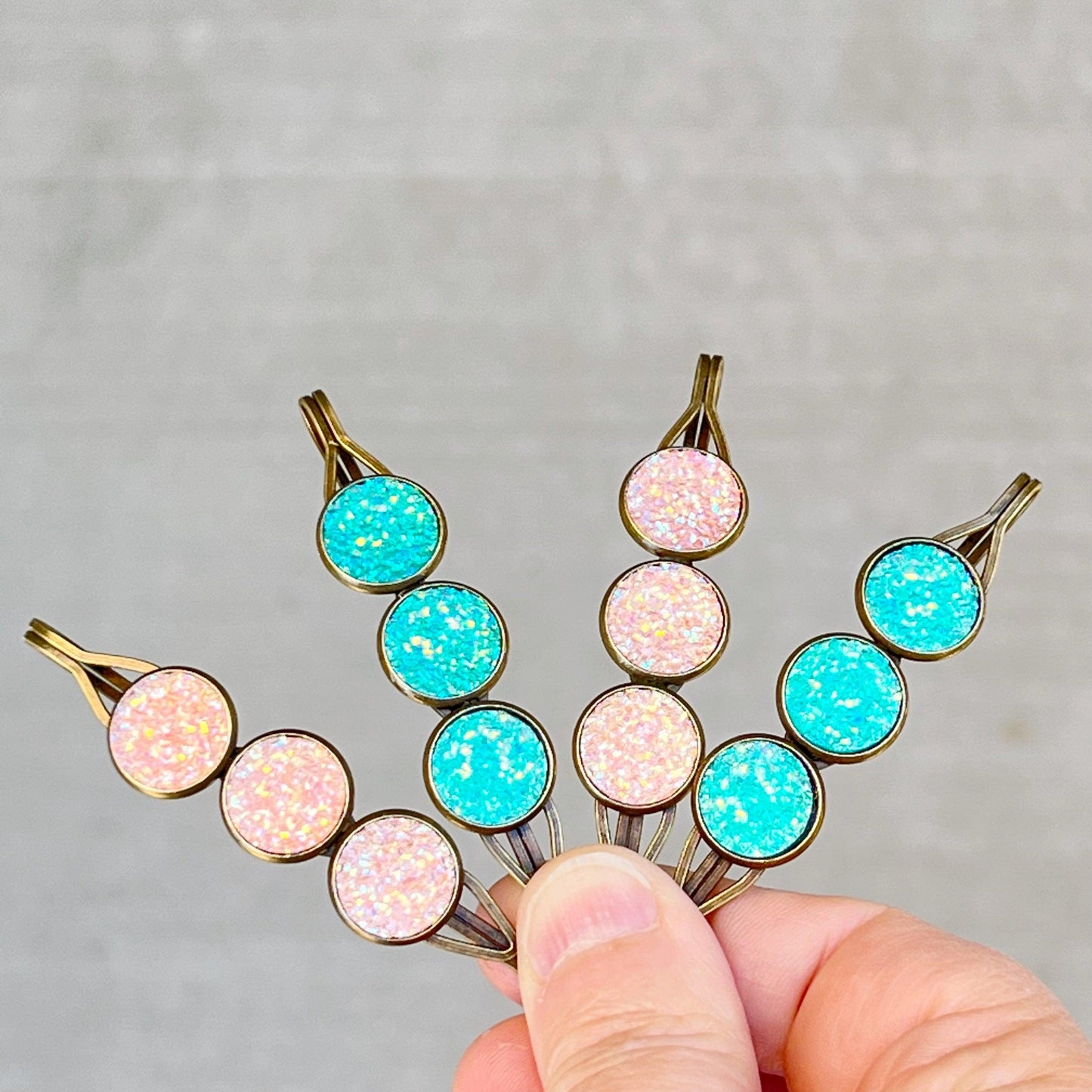 Turquoise & Rose Gold Druzy Hair Pins: Set of 4 Sparkling Accents for Boho Chic Hairstyles