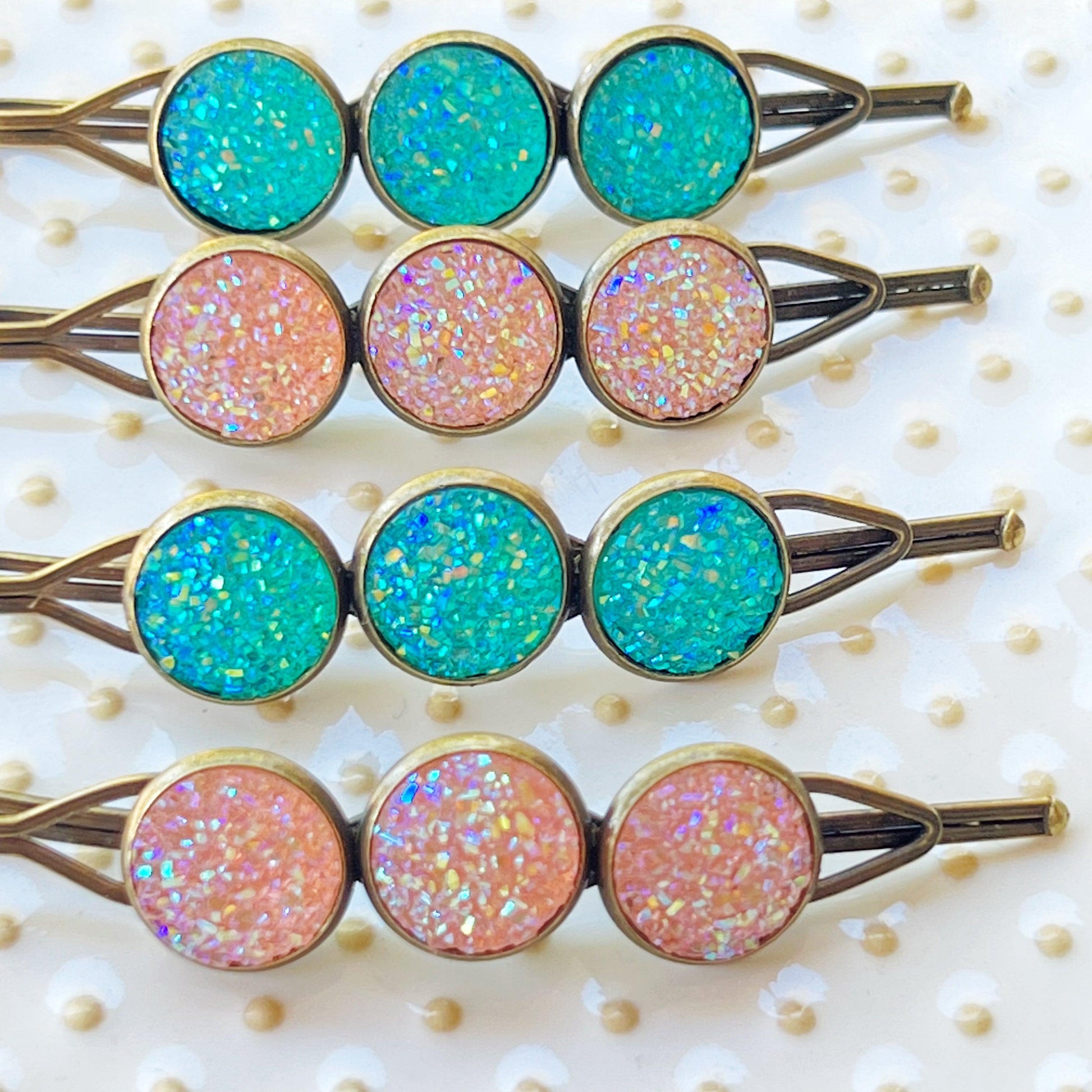 Turquoise & Rose Gold Druzy Hair Pins: Set of 4 Sparkling Accents for Boho Chic Hairstyles