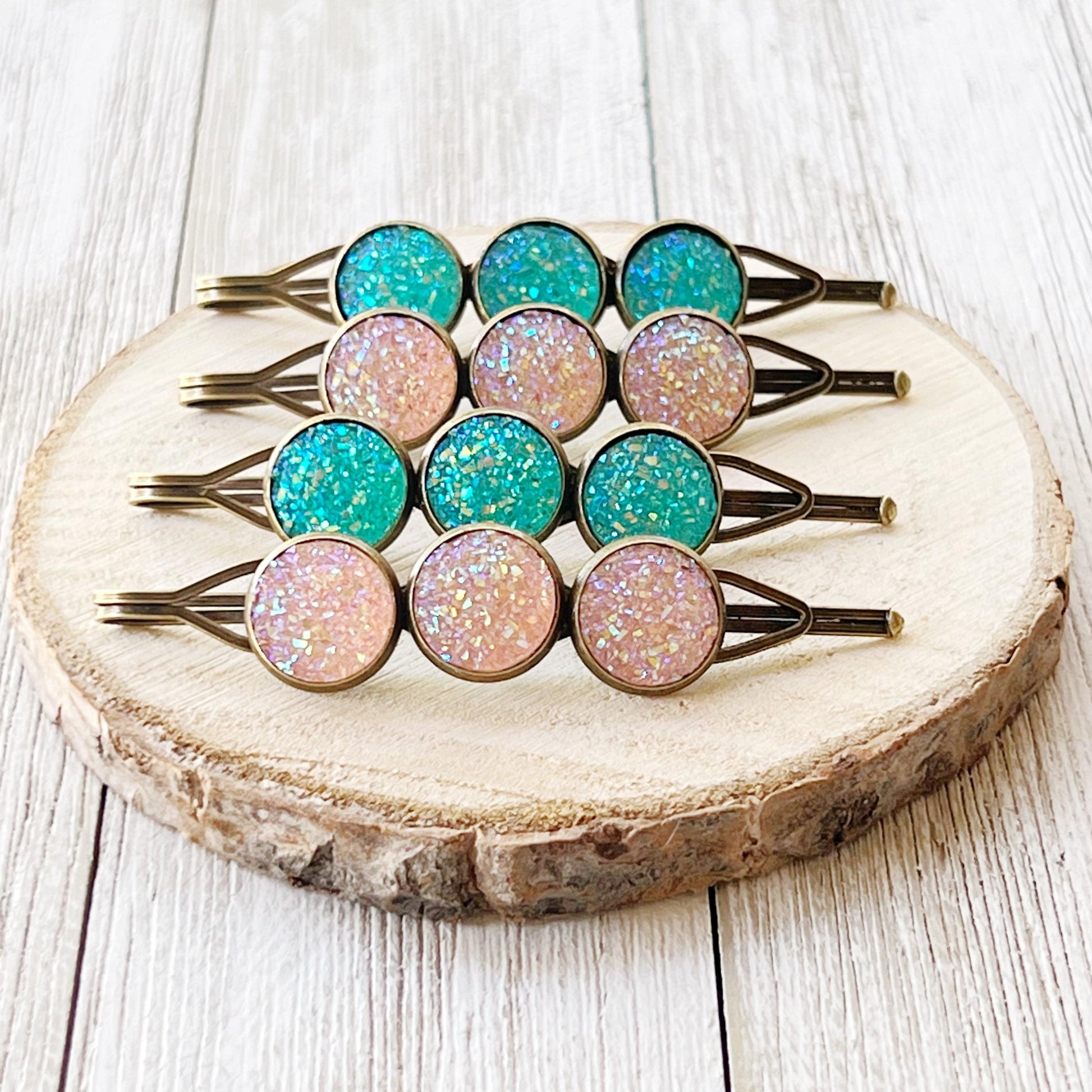 Turquoise & Rose Gold Druzy Hair Pins: Set of 4 Sparkling Accents for Boho Chic Hairstyles