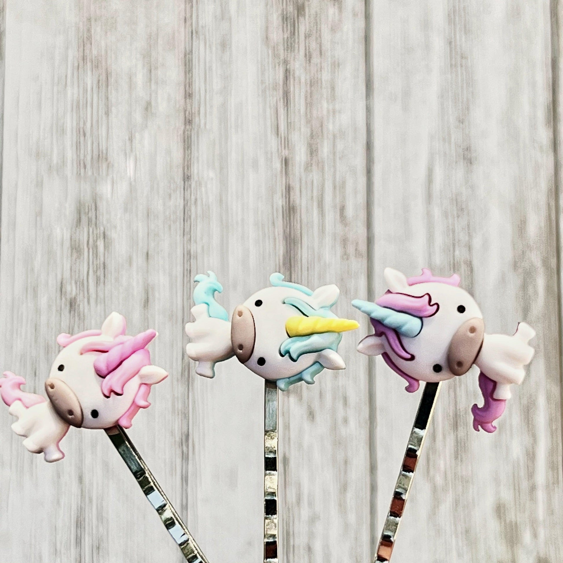 Unicorn Hair Pins Set: Whimsical Trio in Pink, Blue, & Purple for Enchanting Hairstyles