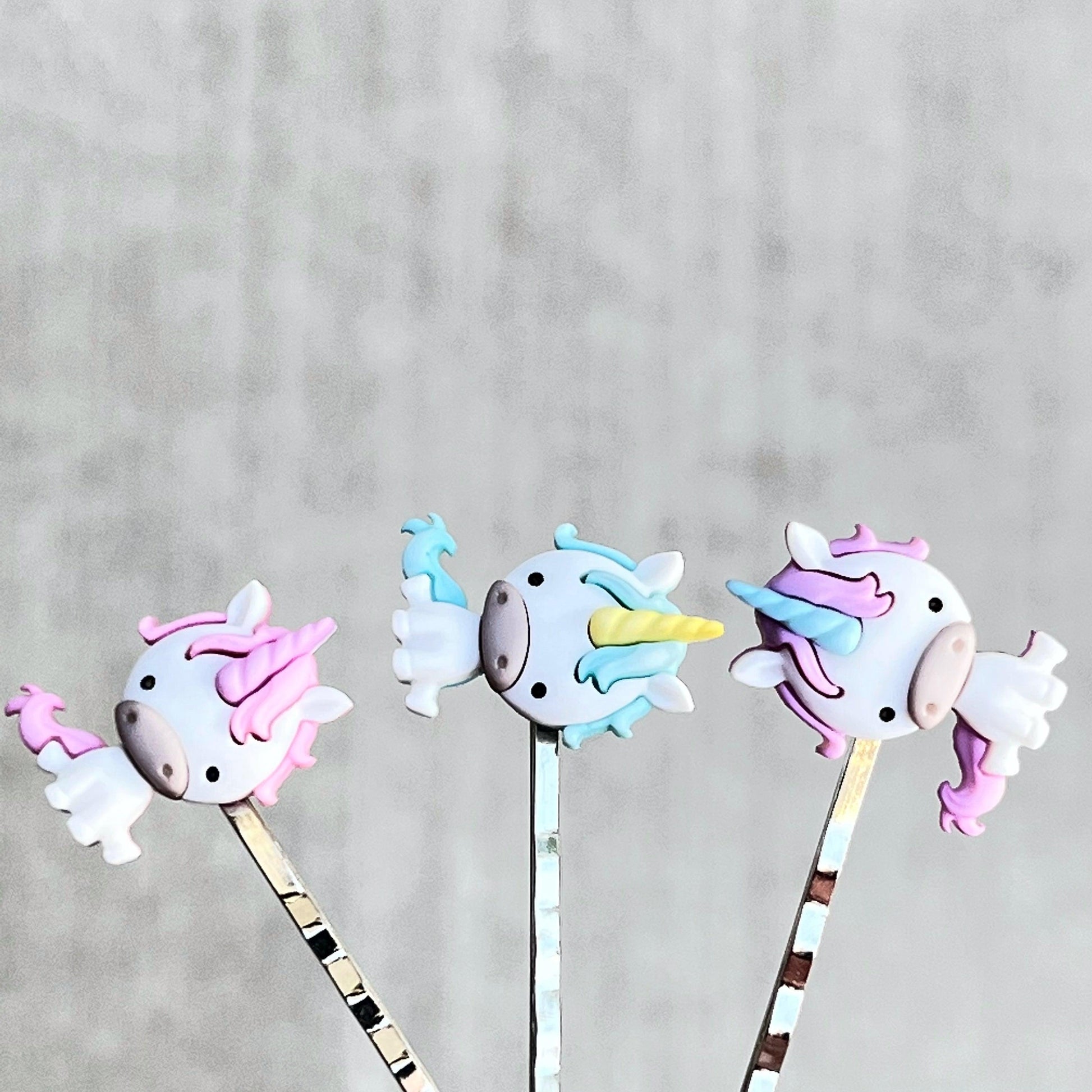 Unicorn Hair Pins Set: Whimsical Trio in Pink, Blue, & Purple for Enchanting Hairstyles