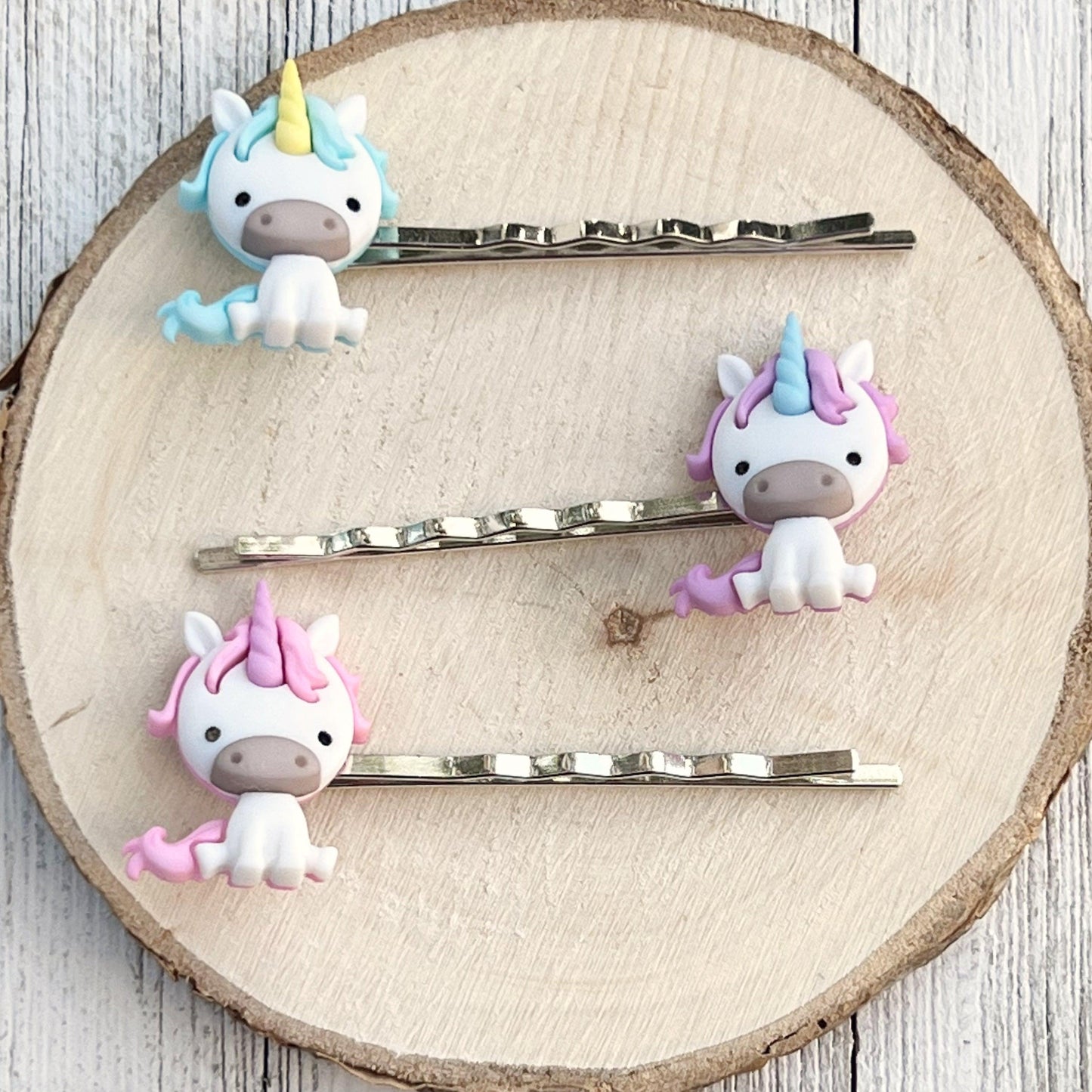 Unicorn Hair Pins Set: Whimsical Trio in Pink, Blue, & Purple for Enchanting Hairstyles