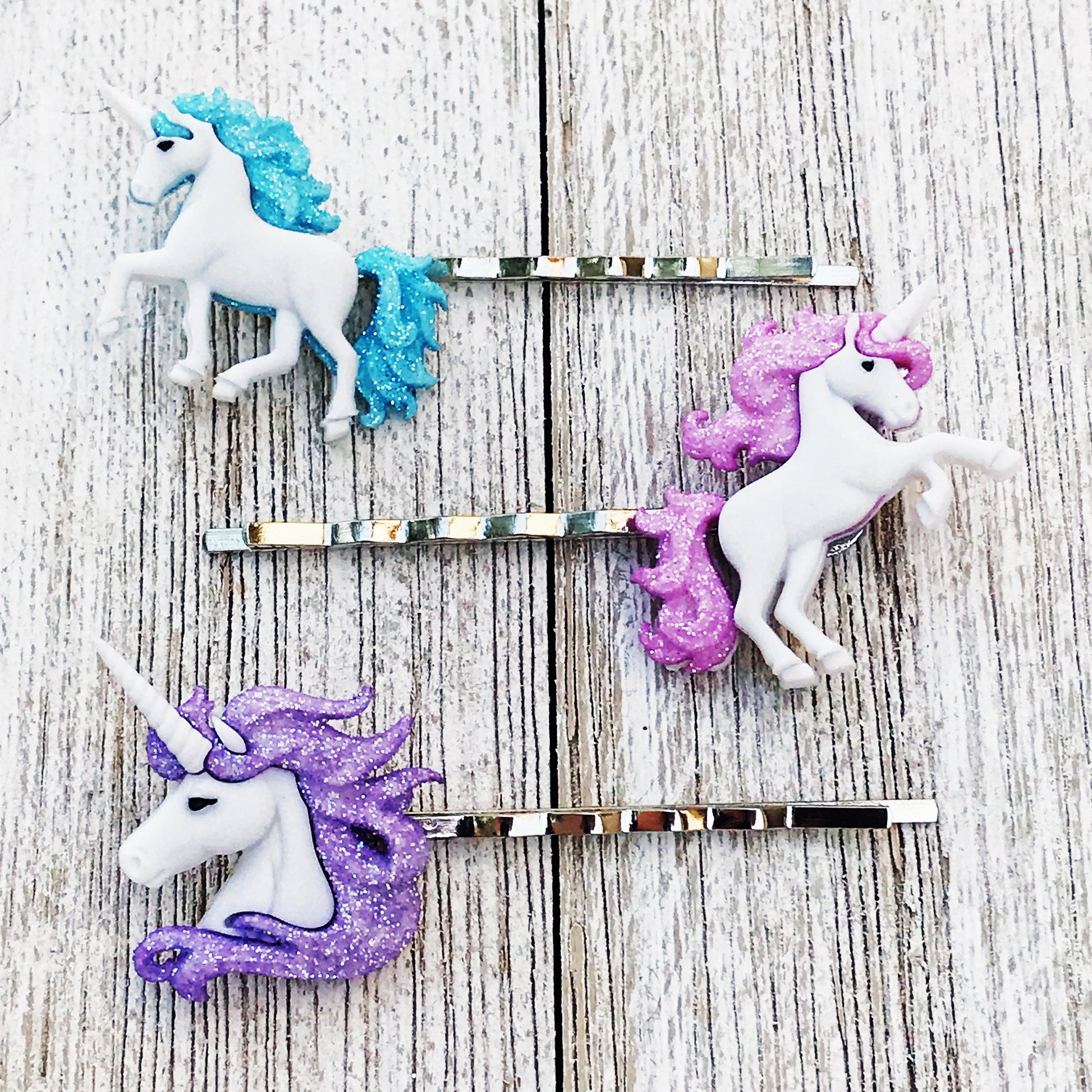 Unicorn Hair Pins Set: Whimsical Trio in Pink, Blue, & Purple for Enchanting Hairstyles