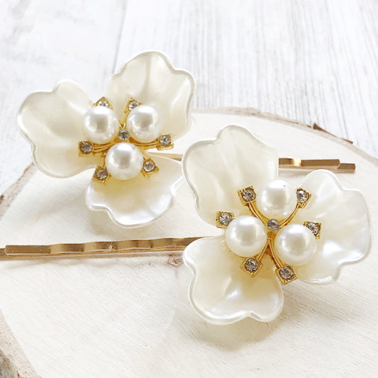 White Floral Pearl Hair Pin Set Women Bridal Hair Accessories Flower Bobby Pins