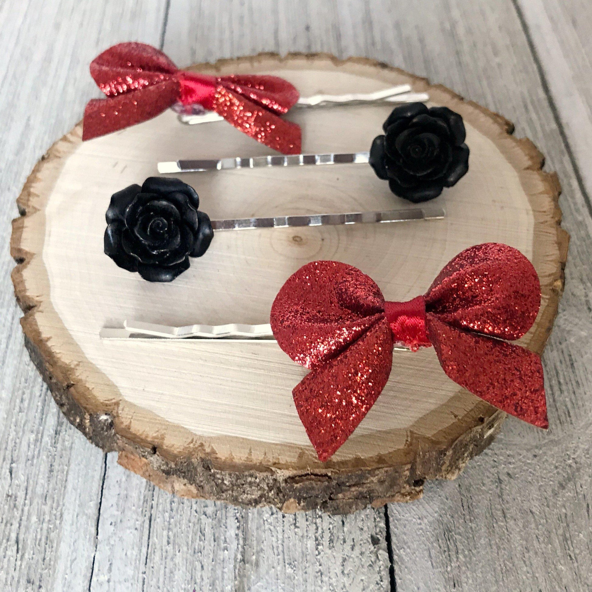 Black Rose and Red Bows Hair Pin Set - Romantic and Chic Hair Accessories