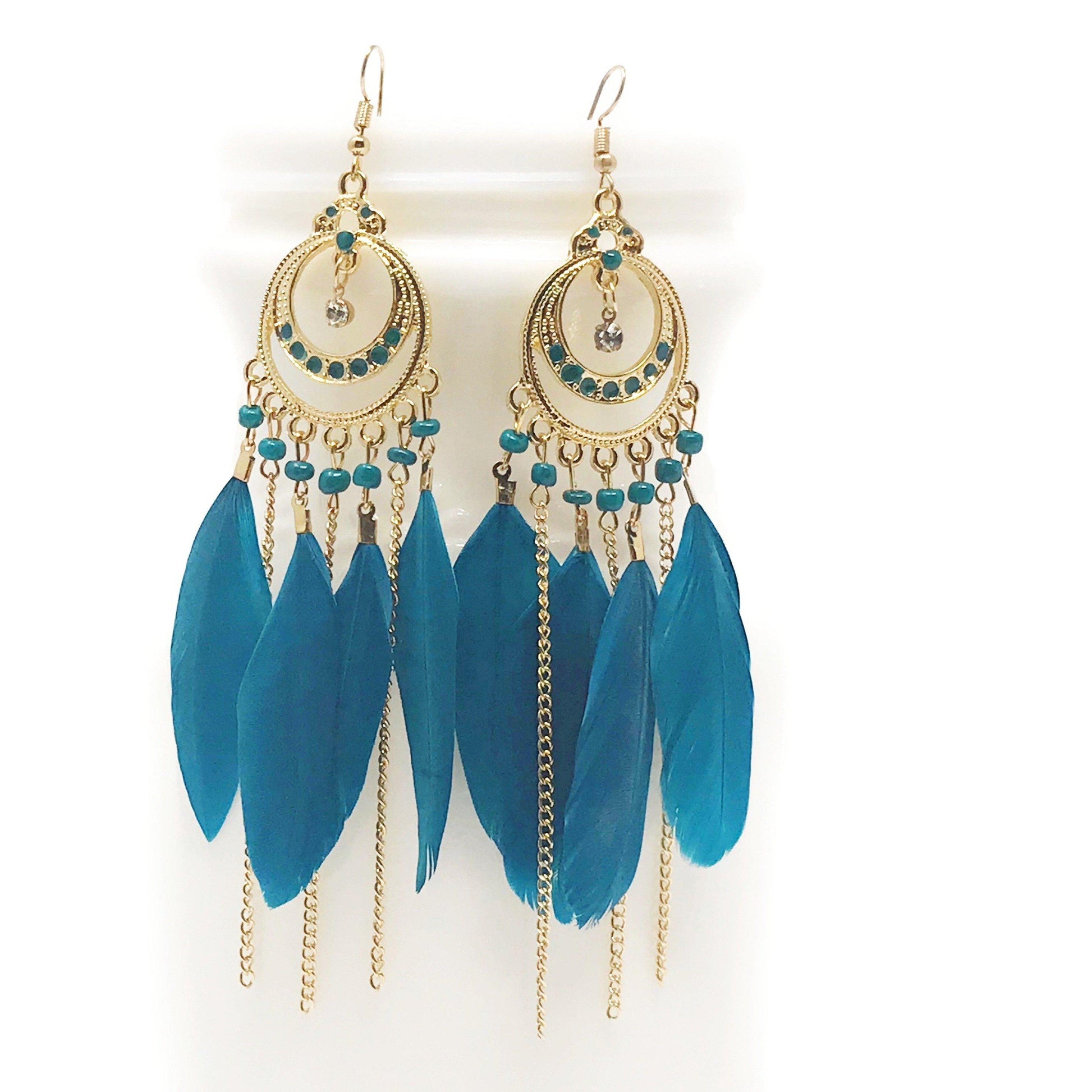 Blue Feather Chain Dangle Earrings - Boho-inspired Chic Accessories