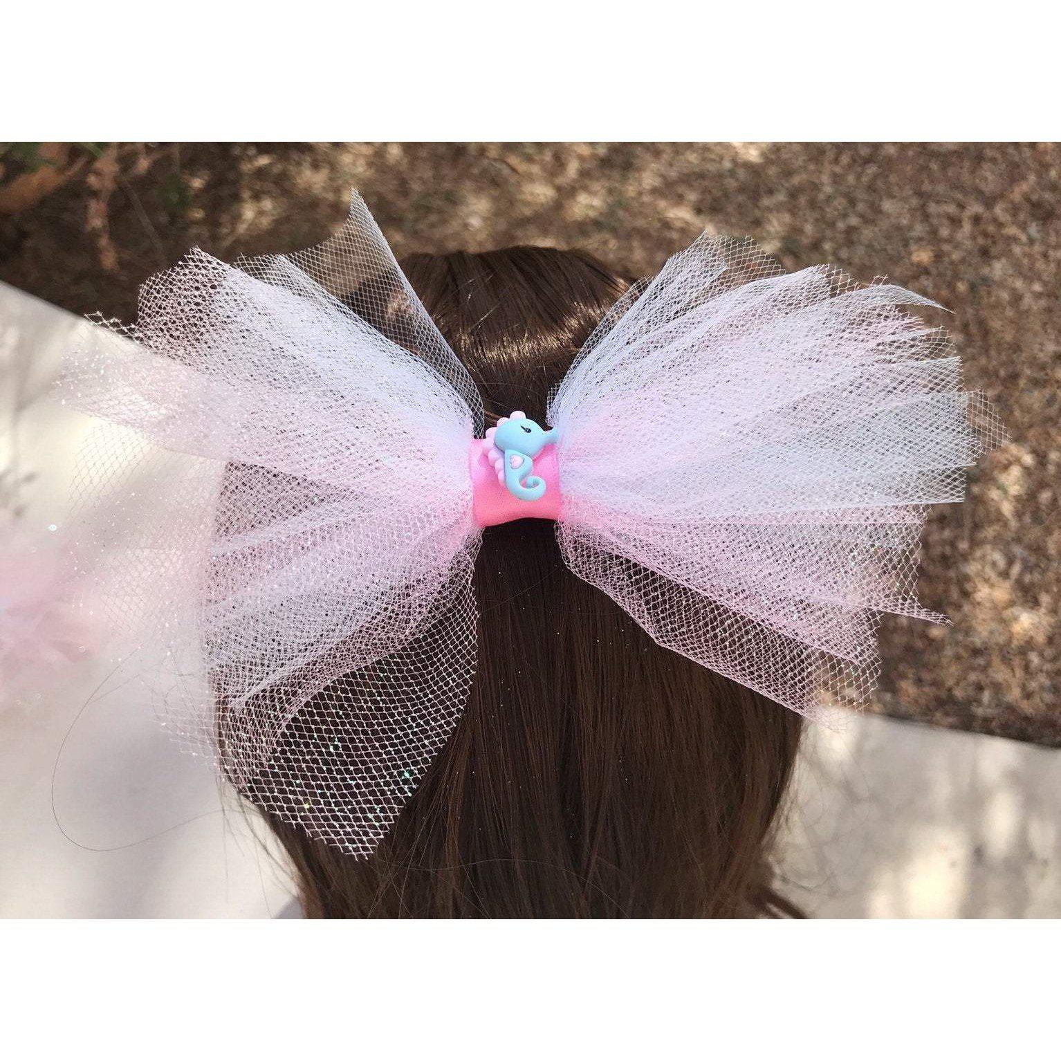 Pink Hair Bow with Blue Seahorse - Whimsical and Playful Hair Accessory