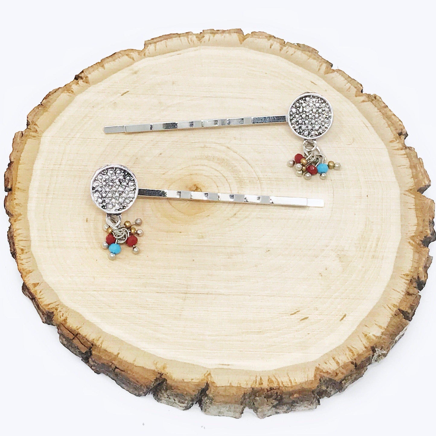 Western Medallion Hair Pins with Beaded Accents - Cowgirl Bobby Pins, Women's Southwestern Boho Accessories