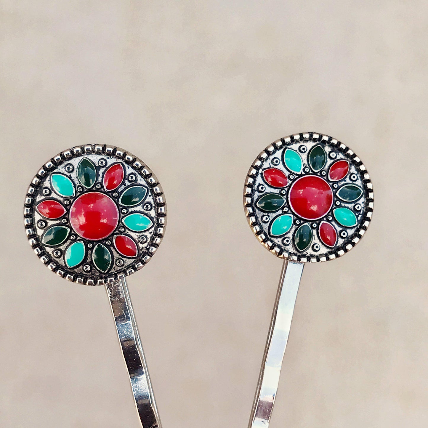 Boho Western Turquoise Medallion Hair Pins - Set of 2 Stylish Accessories