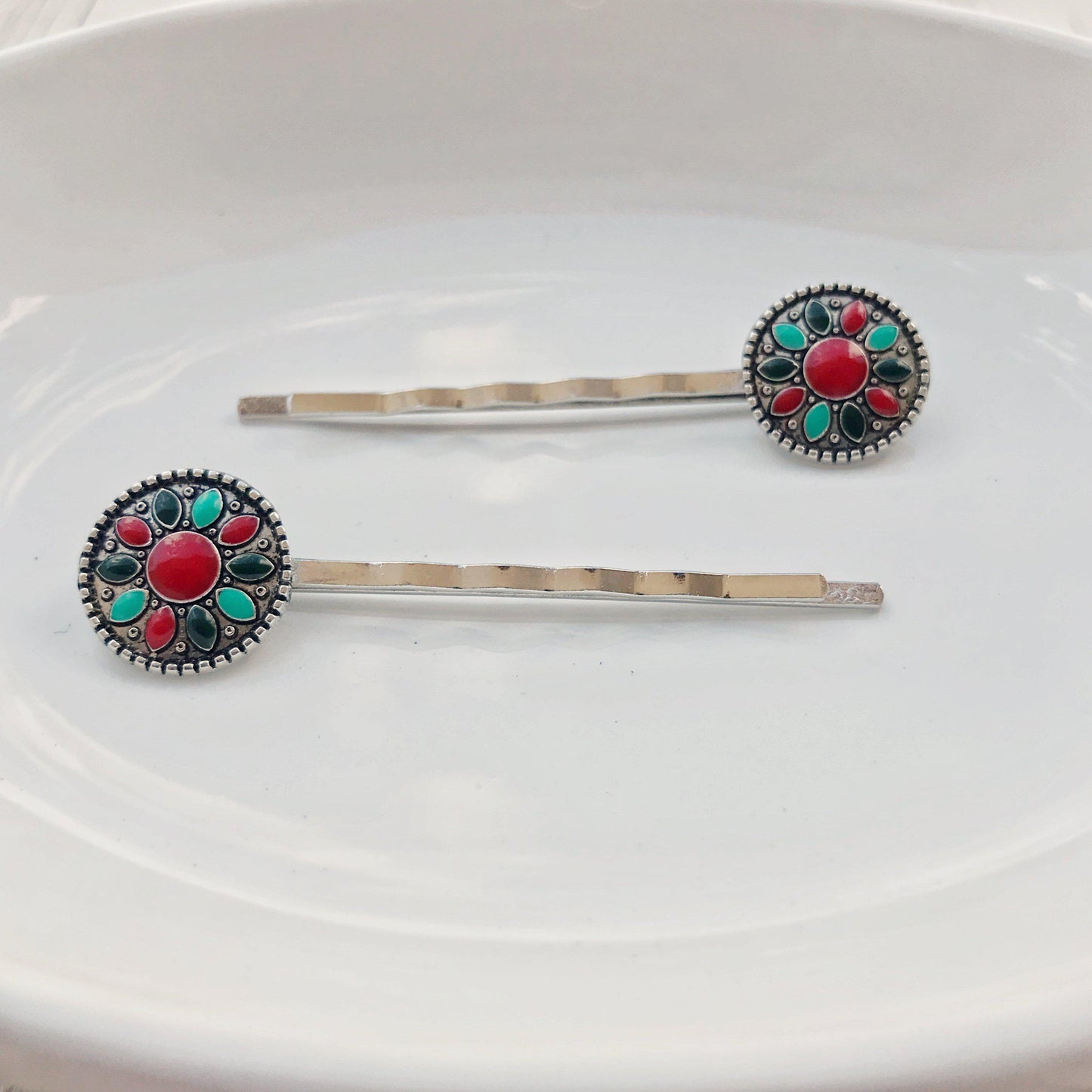 Boho Western Turquoise Medallion Hair Pins - Set of 2 Stylish Accessories