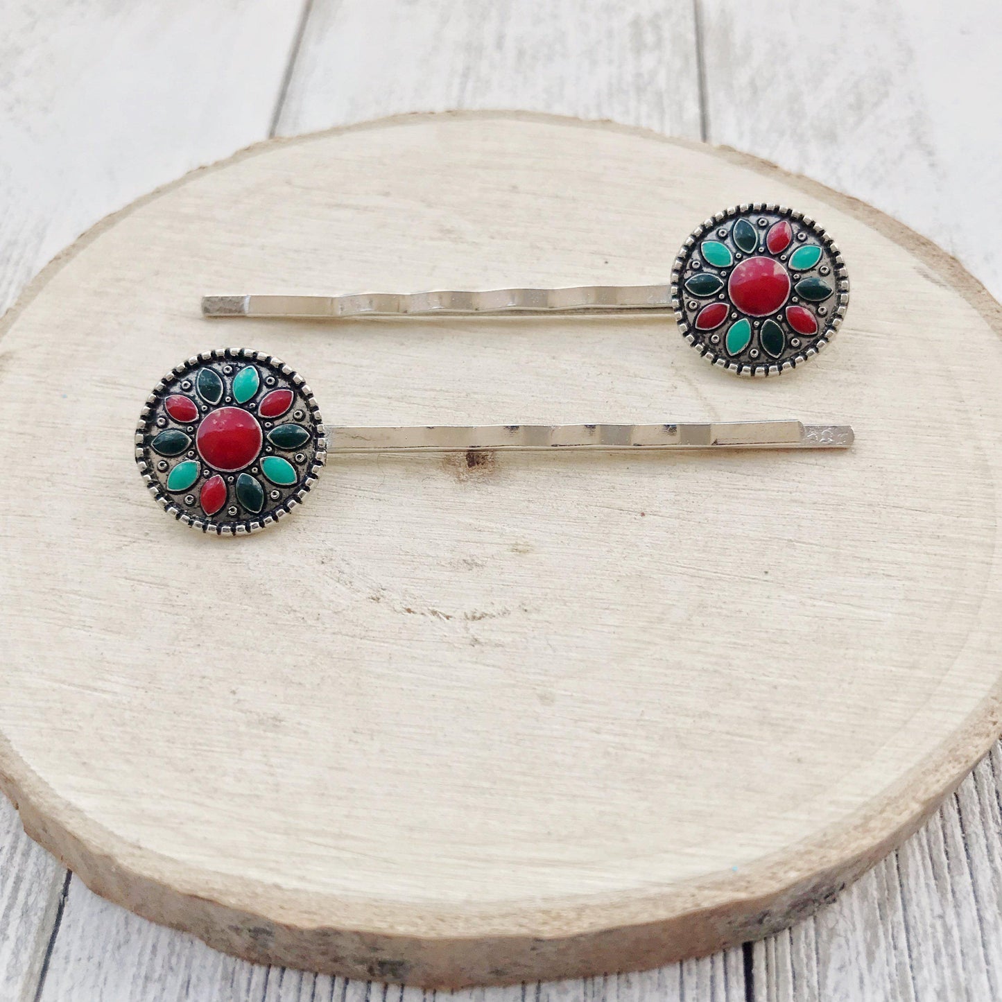 Boho Western Turquoise Medallion Hair Pins - Set of 2 Stylish Accessories