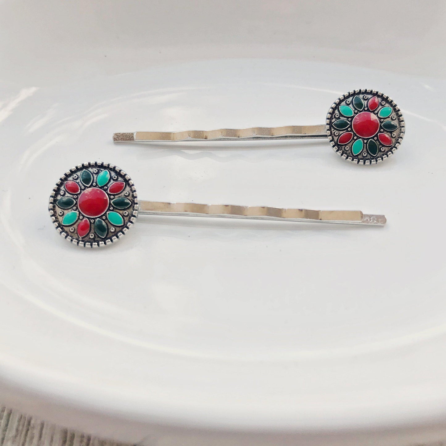 Boho Western Turquoise Medallion Hair Pins - Set of 2 Stylish Accessories