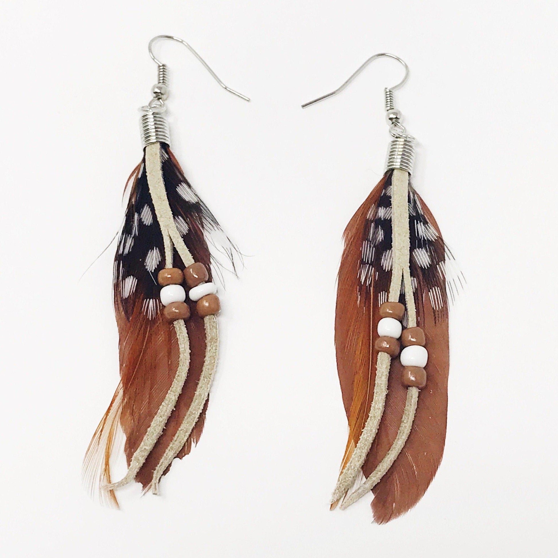 Brown Boho Feather Dangle Earrings with Suede Accents - Stylish Bohemian-Inspired Accessories