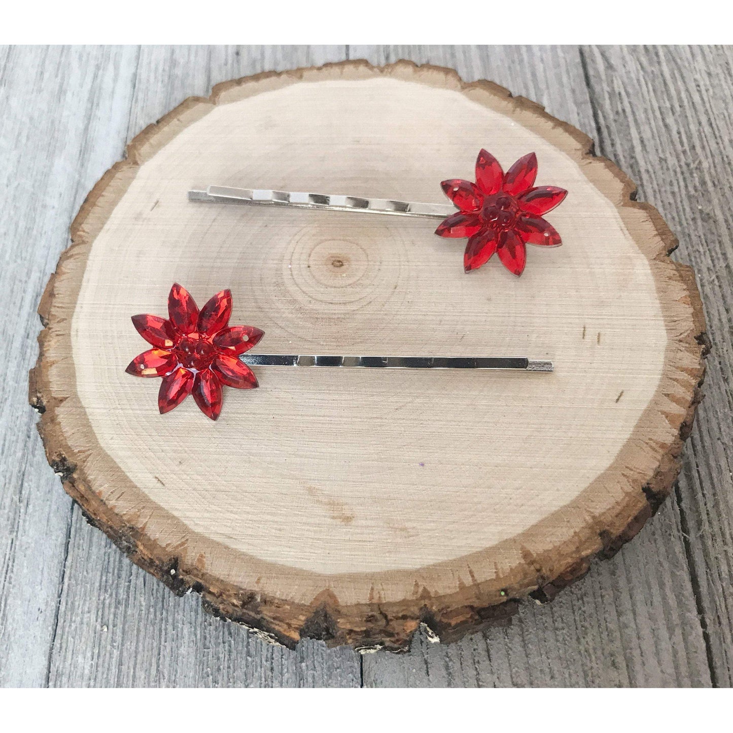 Red Flower Chrysanthemum Hair Pins - Festive Christmas Holiday Accessories