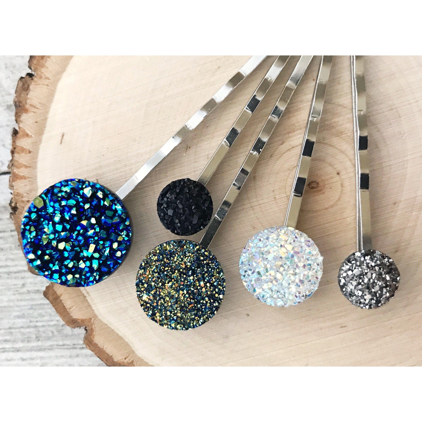 Round Glittery Druzy Hair Pins Set of 5 - Sparkling Accessories for Hair