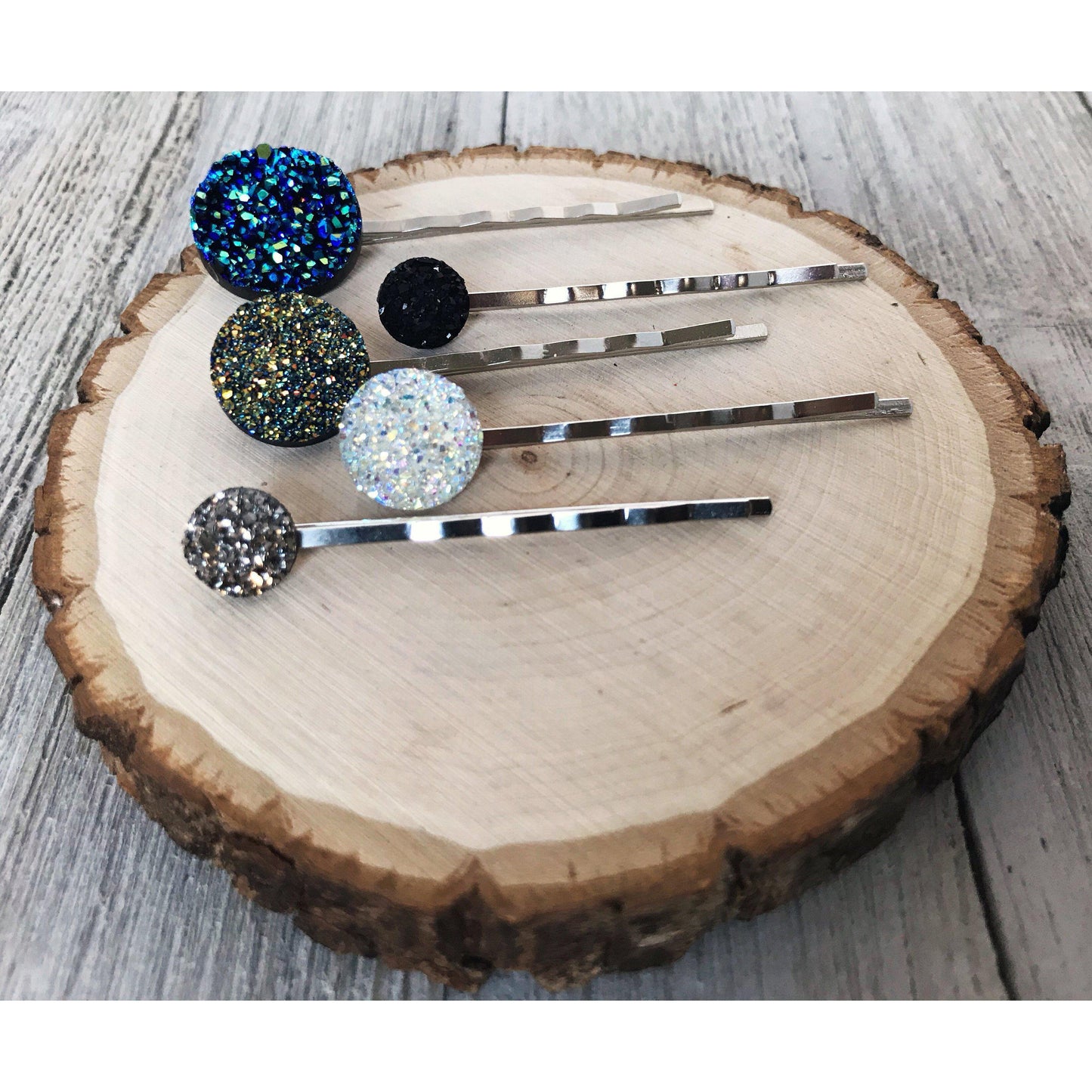 Round Glittery Druzy Hair Pins Set of 5 - Sparkling Accessories for Hair