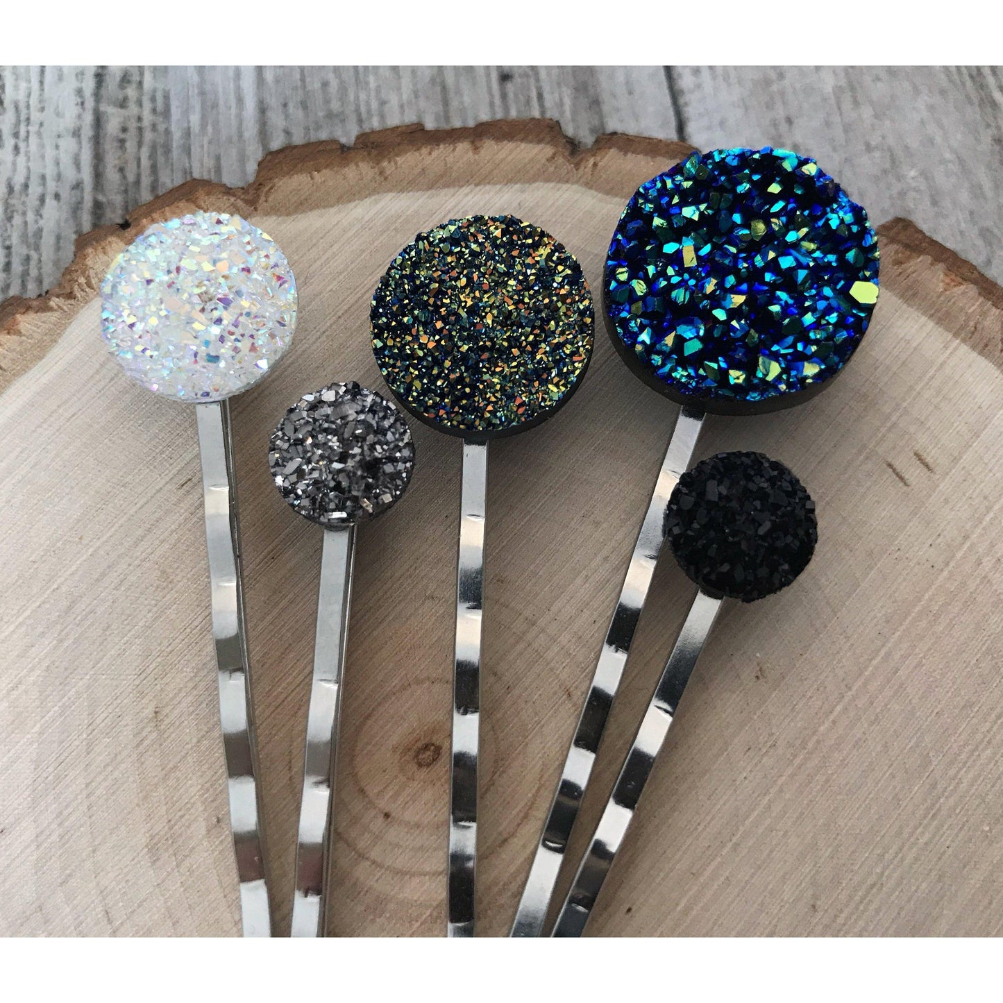 Round Glittery Druzy Hair Pins Set of 5 - Sparkling Accessories for Hair