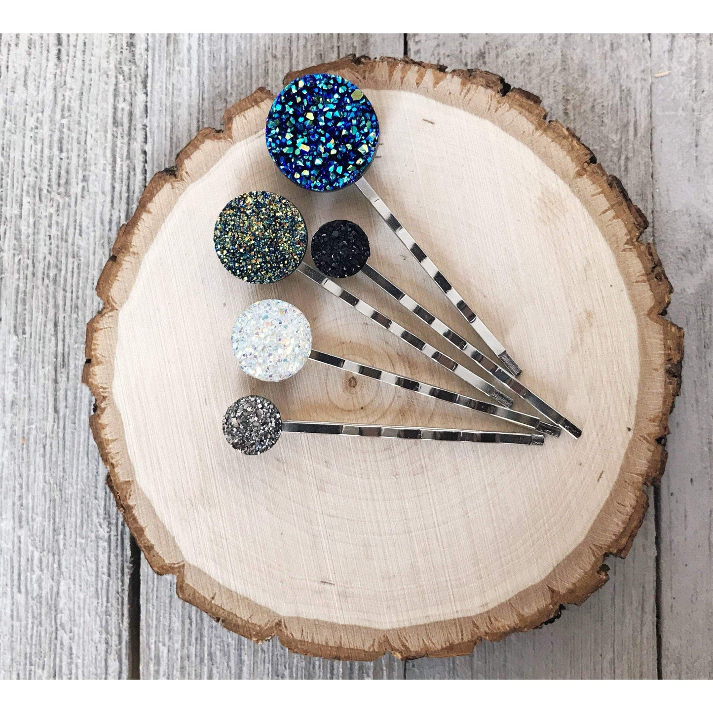 Round Glittery Druzy Hair Pins Set of 5 - Sparkling Accessories for Hair