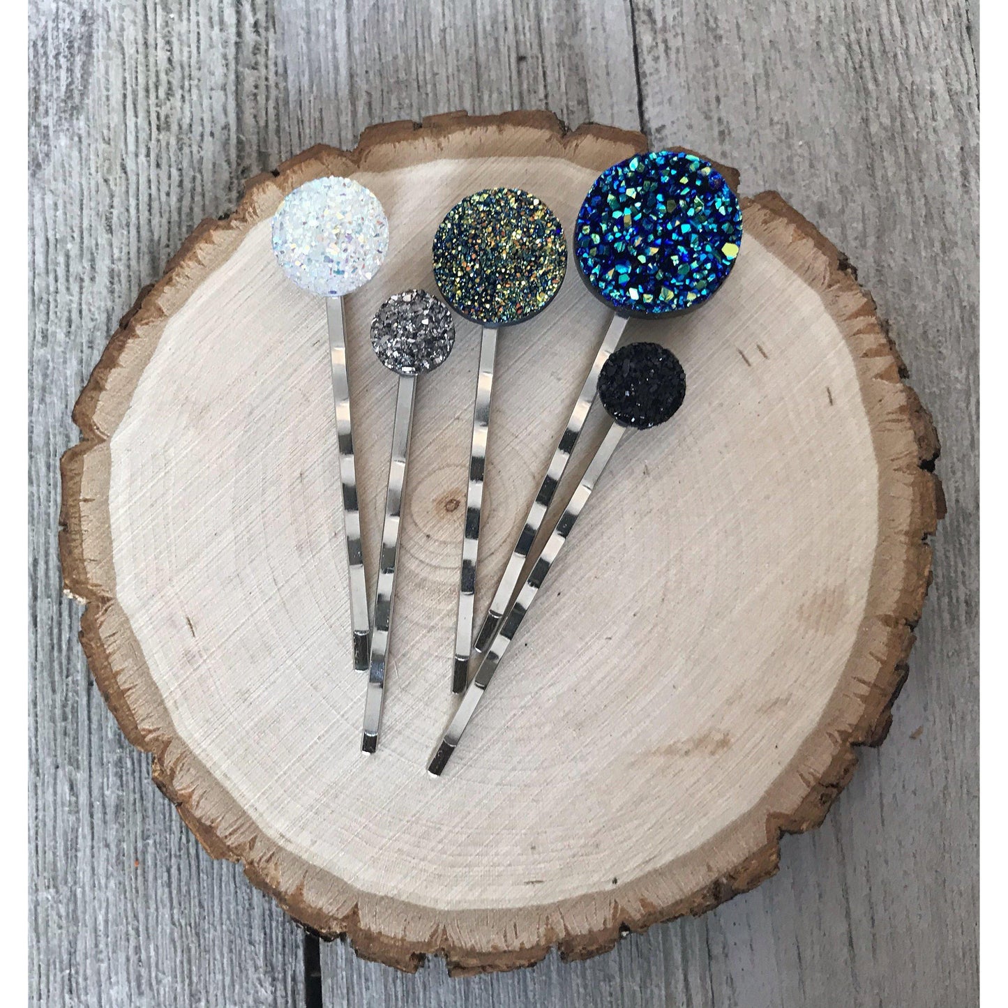 Round Glittery Druzy Hair Pins Set of 5 - Sparkling Accessories for Hair