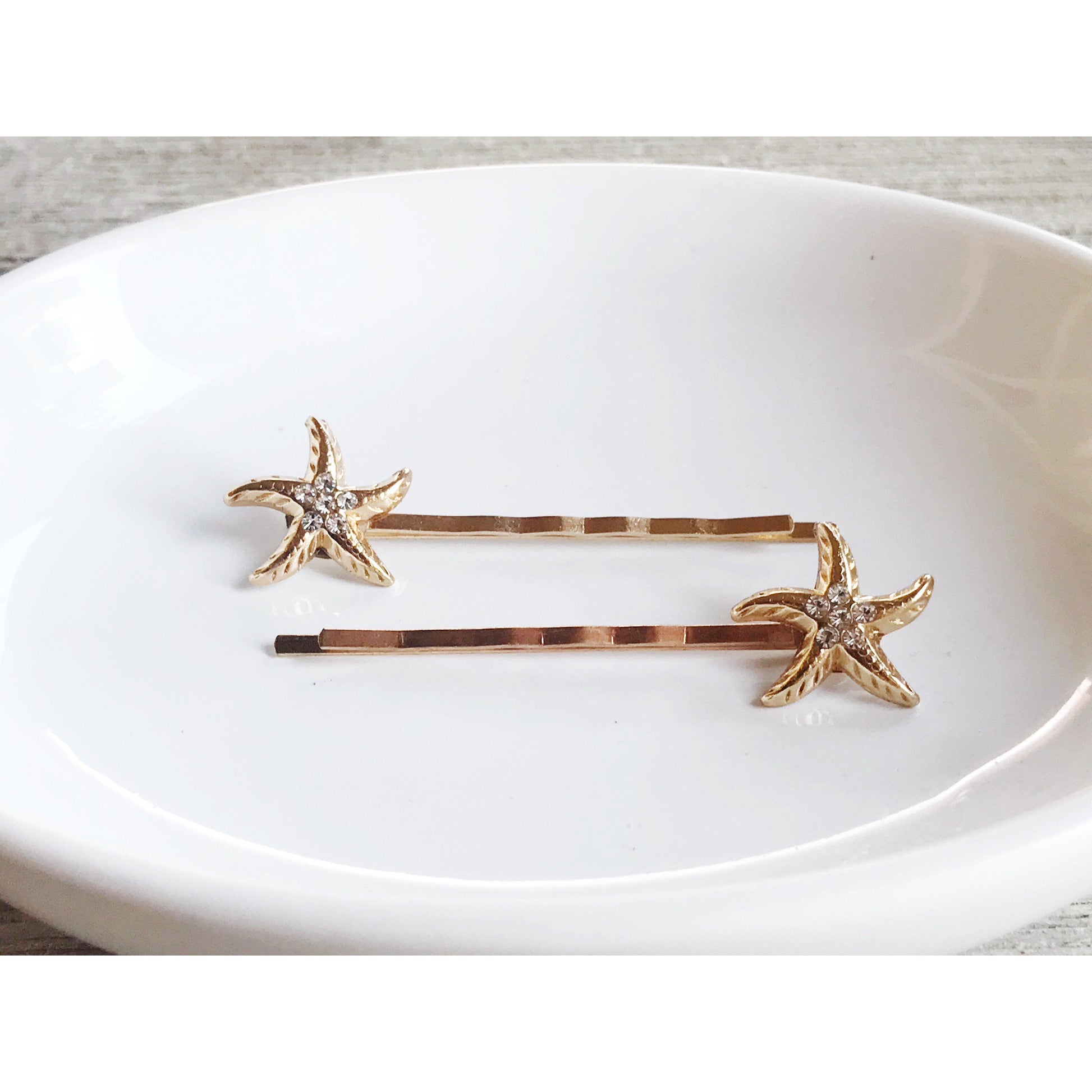 Gold Starfish Hair Pins, Beach Hair Pins, Rhinestone Hair Pins, Sea Shell Bobby Pin, Womens Hair Clip, Womans Bobby Pin, Decorative Hair Pin