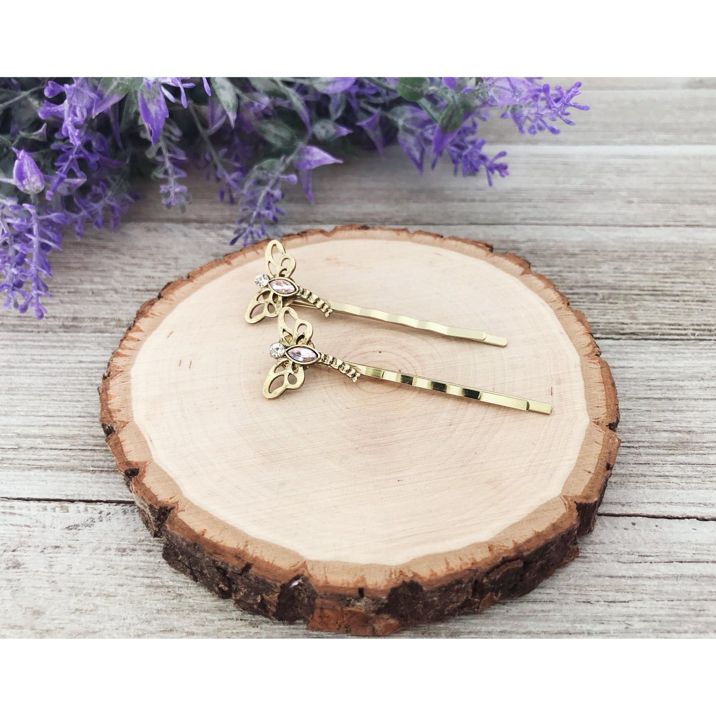 Gold-Toned Dragonfly with Pink Rhinestones Bobby Pin - Elegant Hair Accessory with Sparkling Detail