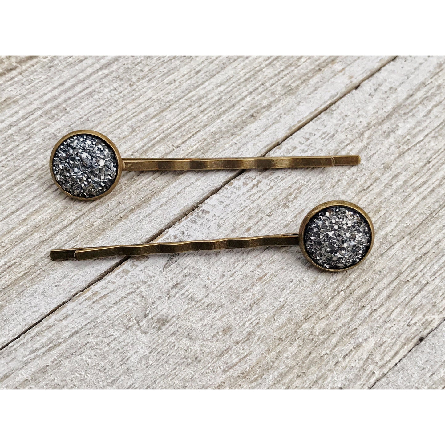 Slate Gray Druzy Brass Hair Pins - Elegant and Sophisticated Hair Accessories