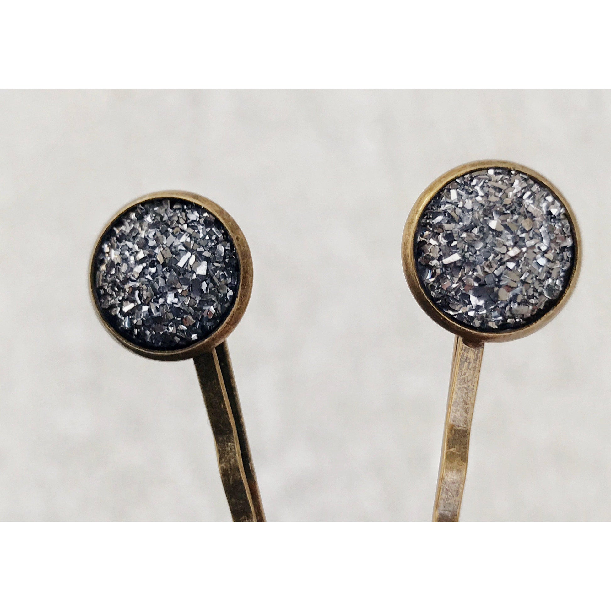 Slate Gray Druzy Brass Hair Pins - Elegant and Sophisticated Hair Accessories