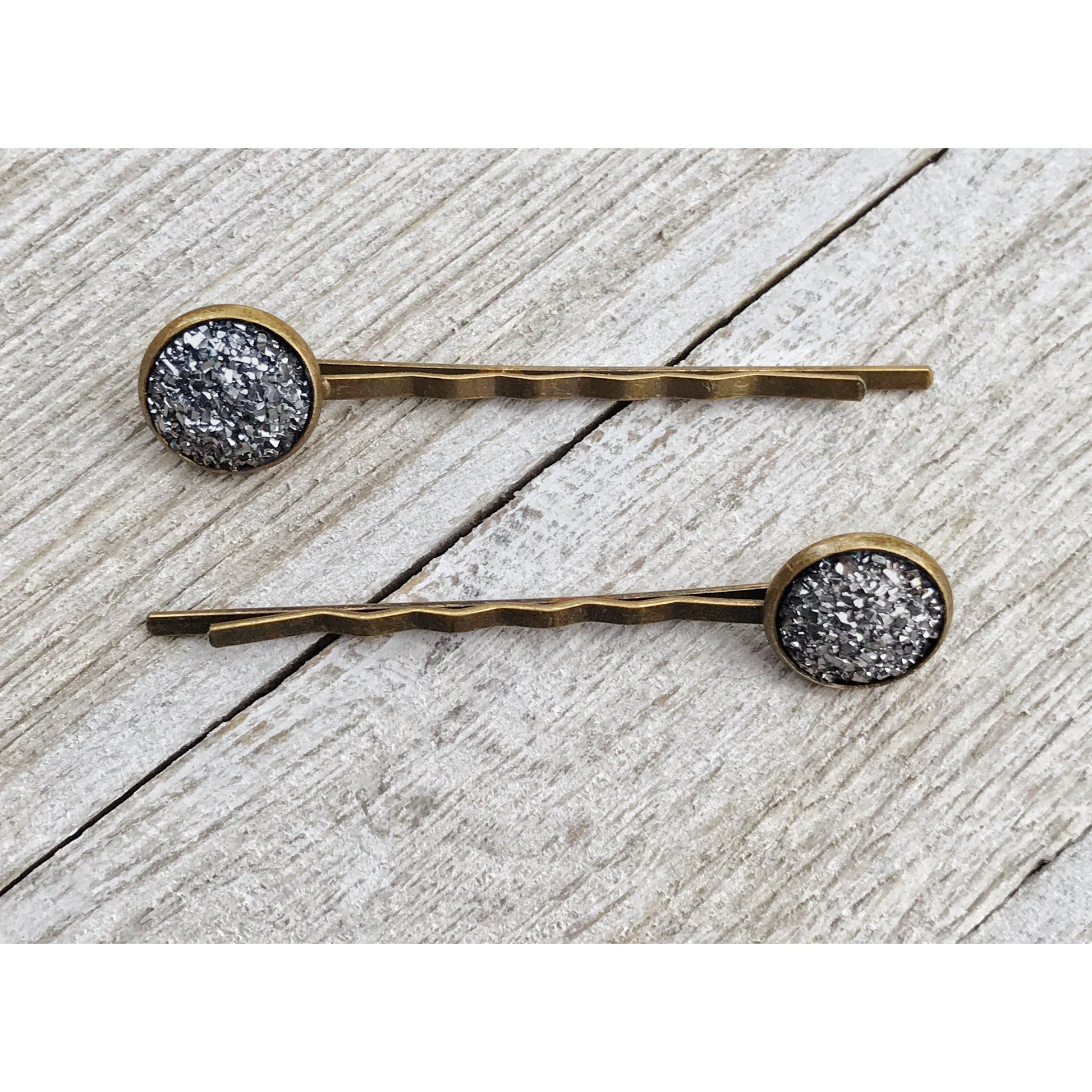 Slate Gray Druzy Brass Hair Pins - Elegant and Sophisticated Hair Accessories