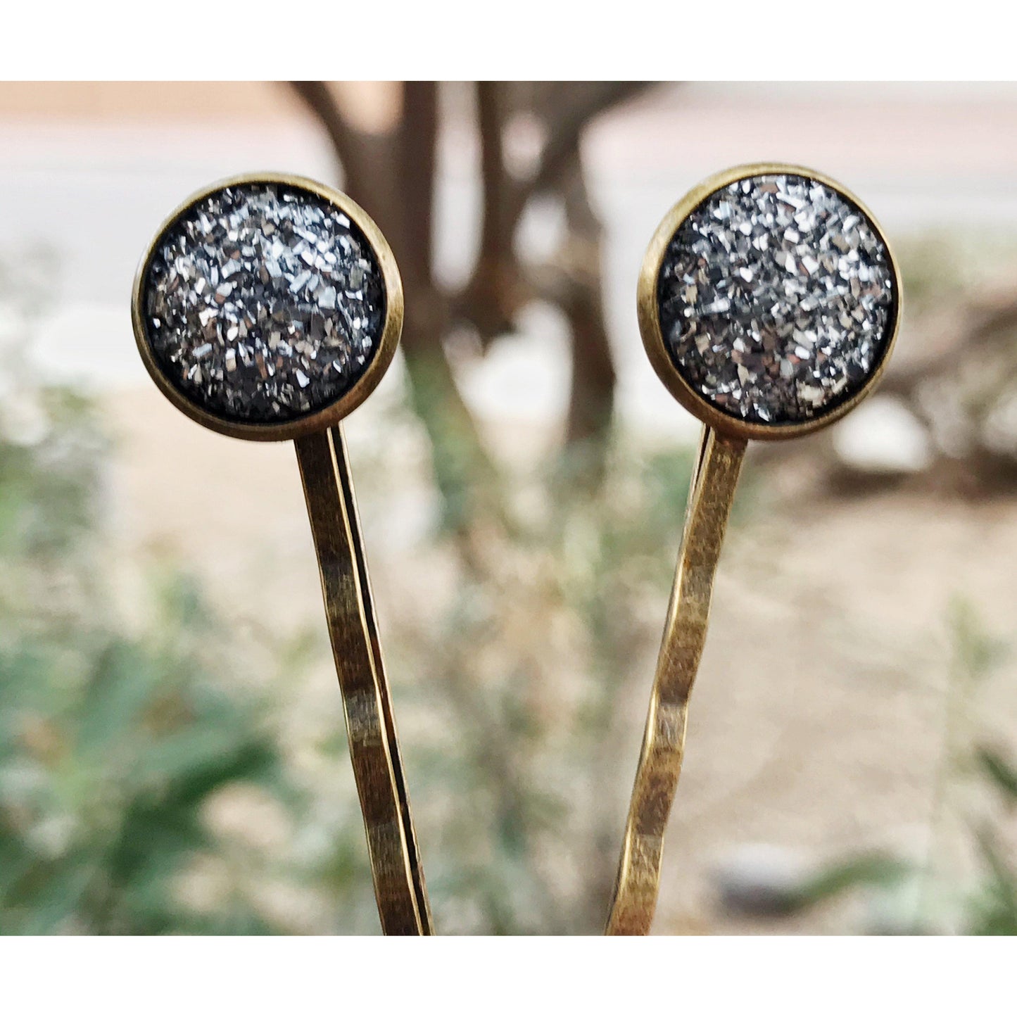 Slate Gray Druzy Brass Hair Pins - Elegant and Sophisticated Hair Accessories