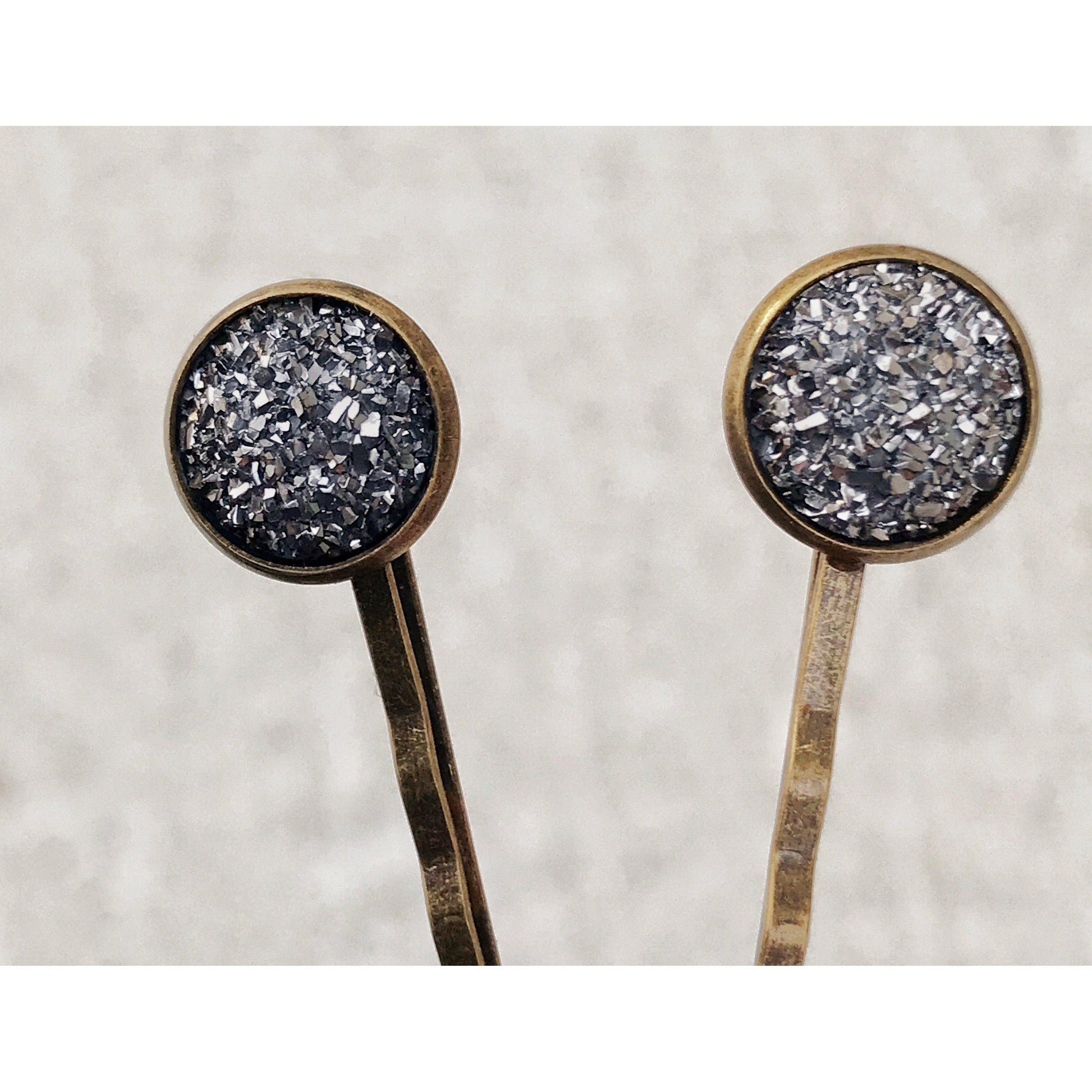 Slate Gray Druzy Brass Hair Pins - Elegant and Sophisticated Hair Accessories