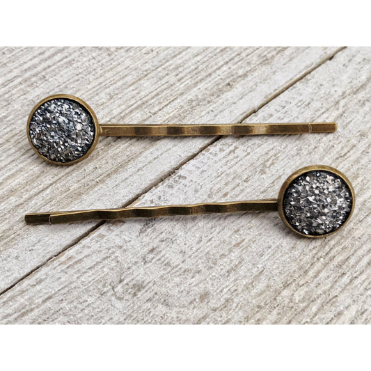 Slate Gray Druzy Brass Hair Pins - Elegant and Sophisticated Hair Accessories