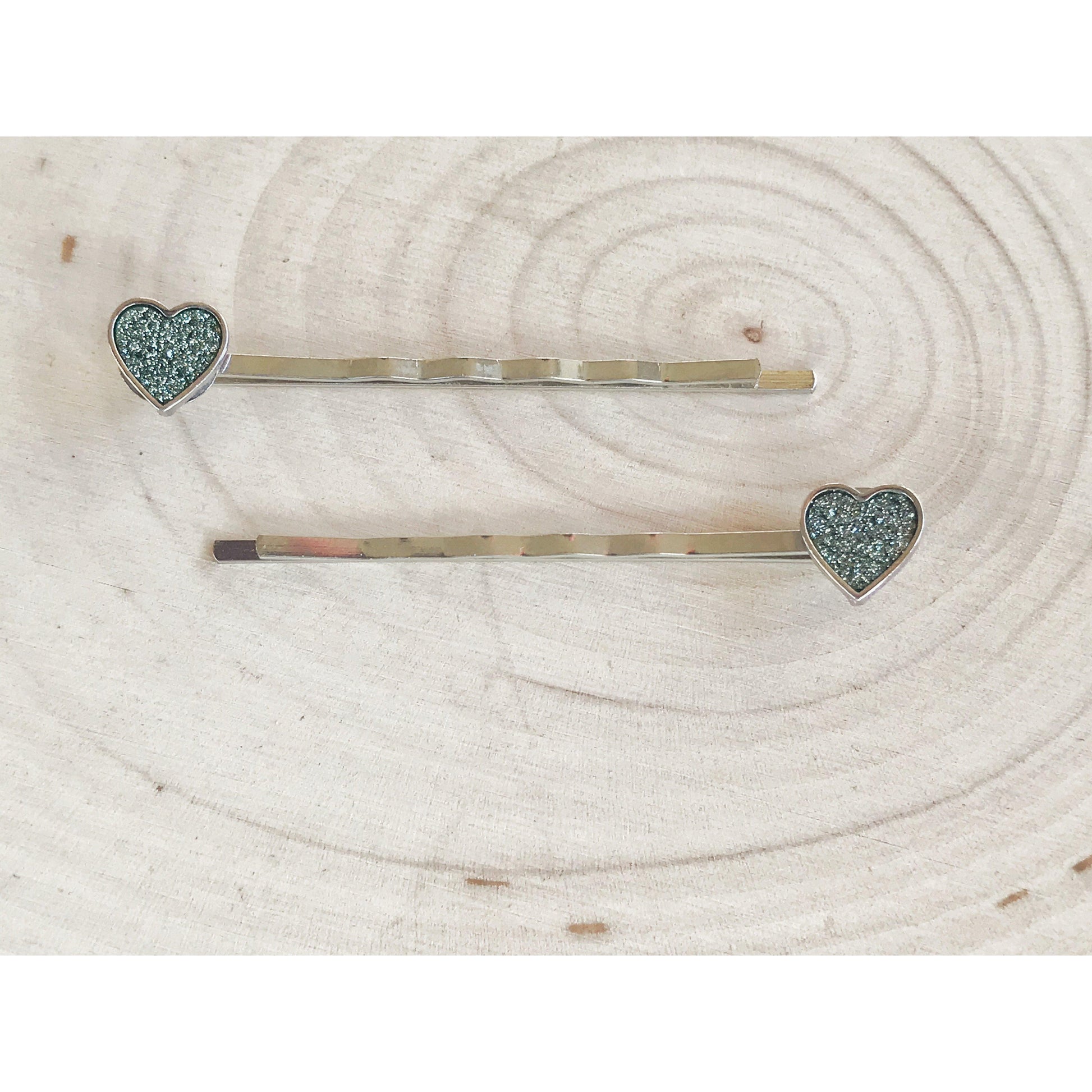 Tiny Green Glitter Heart Hair Pins - Delicate and Sparkling Accessories