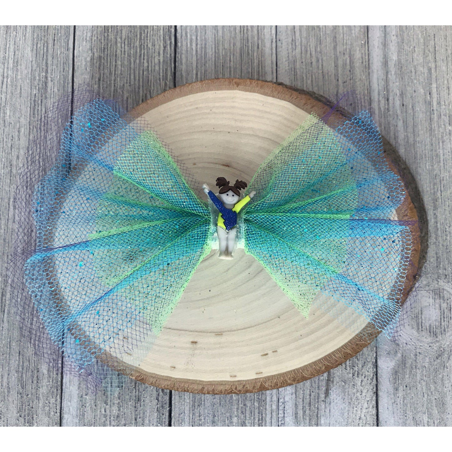 Green & Blue Glitter Tulle Hair Bow with Gymnast Embellishment - Sparkling & Sporty Hair Accessory