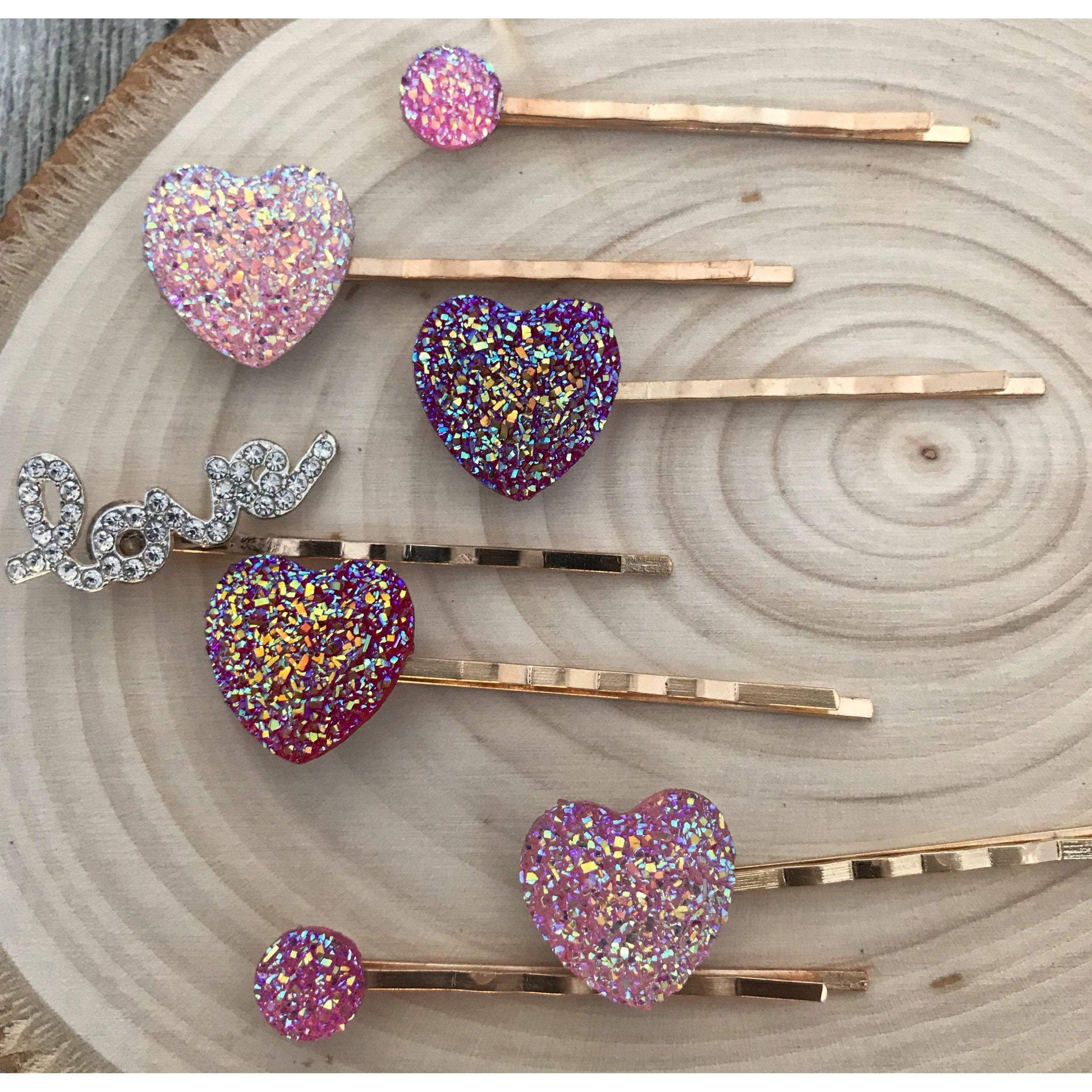 Heart Hair Pins, Rhinestone Word Hair Pin, Pink Druzy Bobby Pin, Womens Hair Clips, Glitter Hair Pin