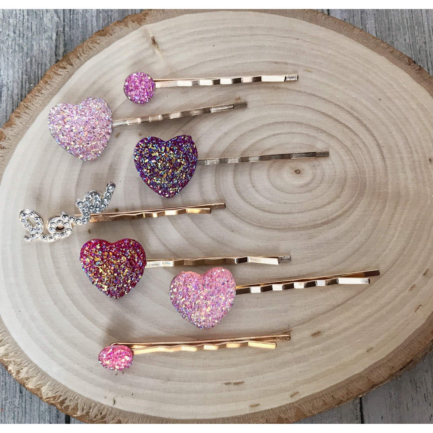 Heart Hair Pins, Rhinestone Word Hair Pin, Pink Druzy Bobby Pin, Womens Hair Clips, Glitter Hair Pin