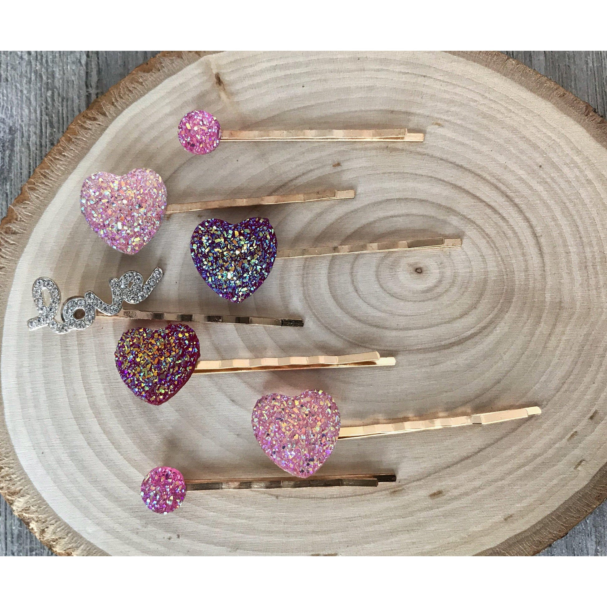 Heart Hair Pins, Rhinestone Word Hair Pin, Pink Druzy Bobby Pin, Womens Hair Clips, Glitter Hair Pin