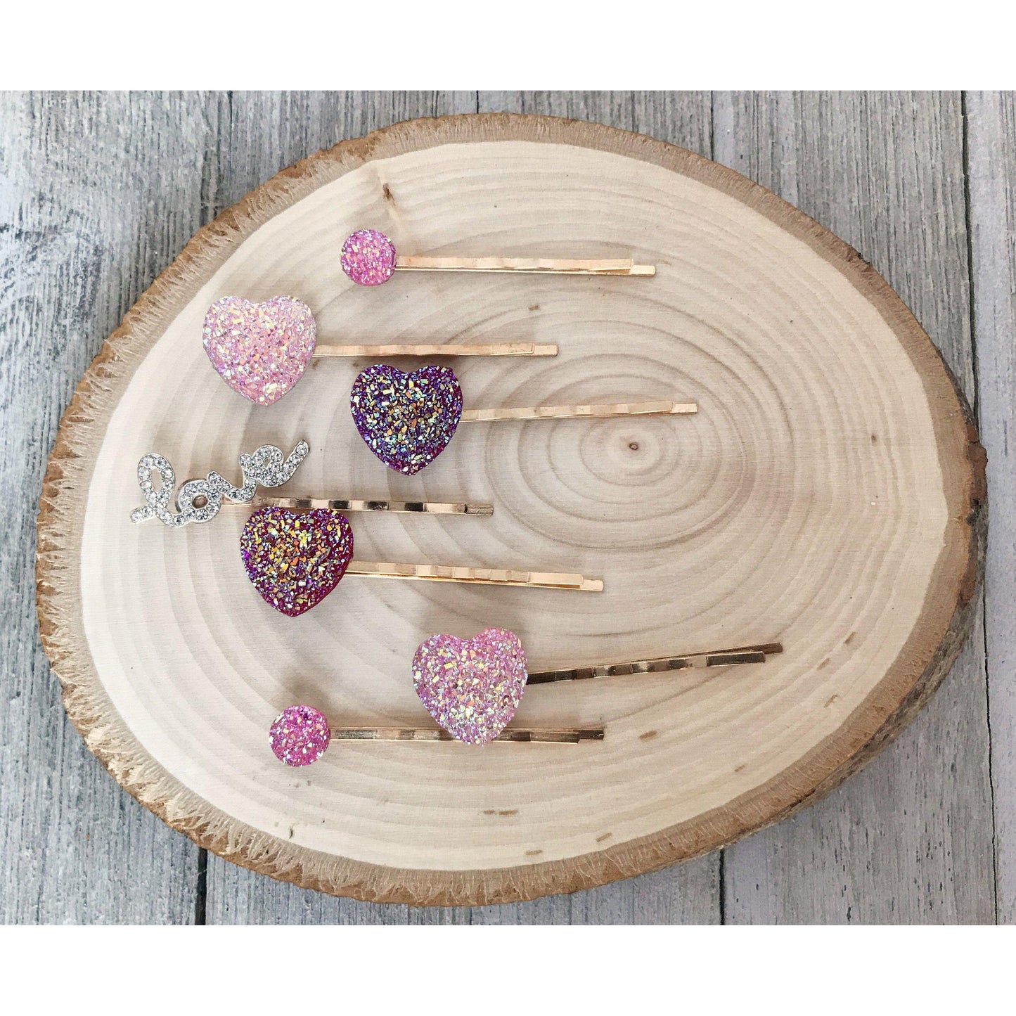 Heart Hair Pins, Rhinestone Word Hair Pin, Pink Druzy Bobby Pin, Womens Hair Clips, Glitter Hair Pin