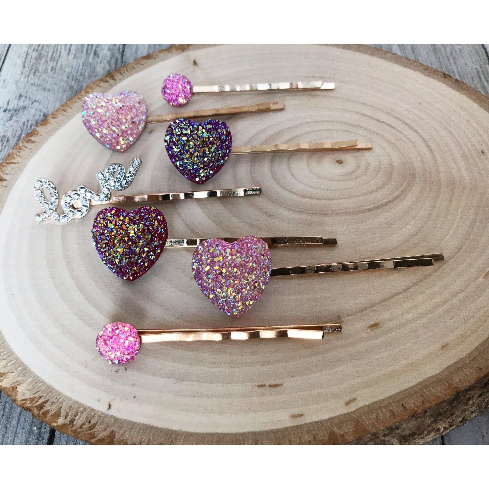 Heart Hair Pins, Rhinestone Word Hair Pin, Pink Druzy Bobby Pin, Womens Hair Clips, Glitter Hair Pin