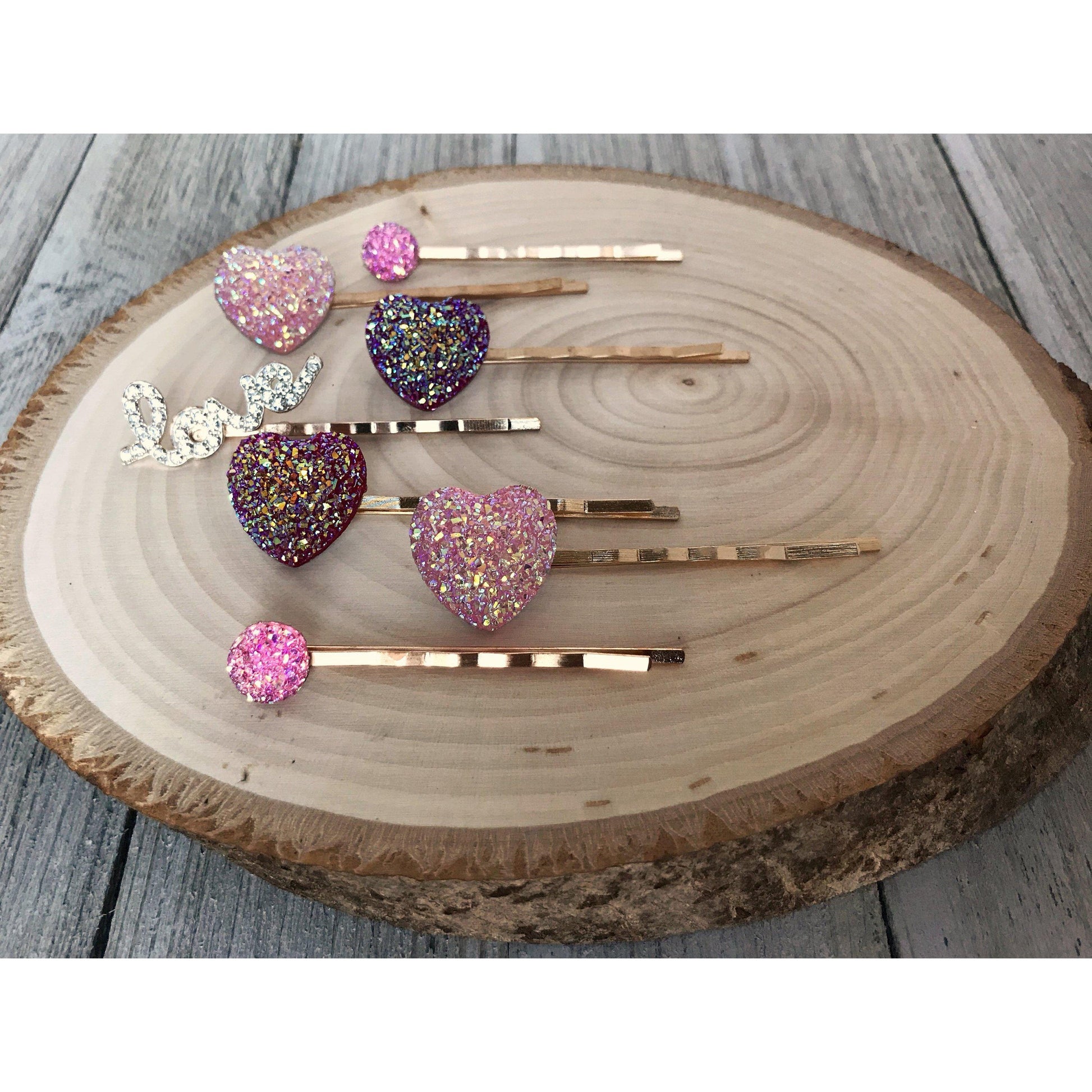 Heart Hair Pins, Rhinestone Word Hair Pin, Pink Druzy Bobby Pin, Womens Hair Clips, Glitter Hair Pin