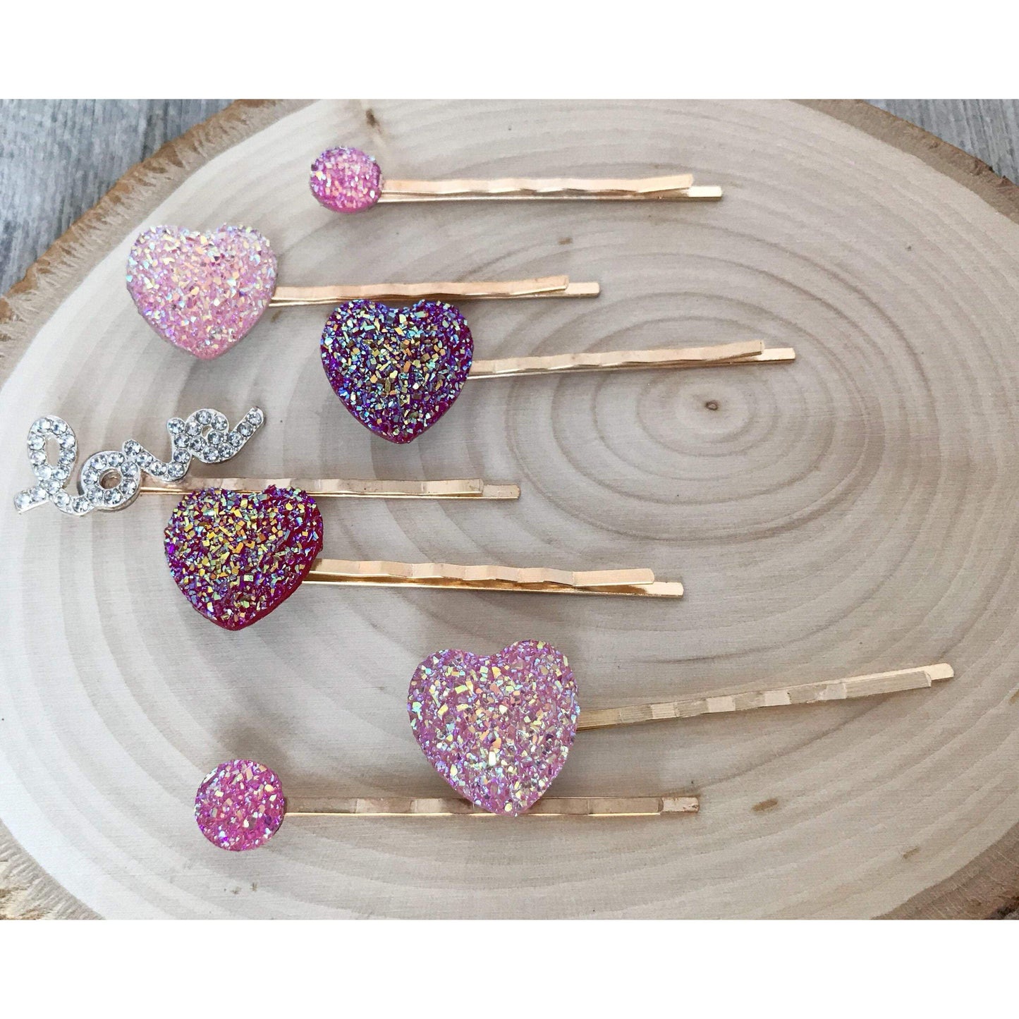 Heart Hair Pins, Rhinestone Word Hair Pin, Pink Druzy Bobby Pin, Womens Hair Clips, Glitter Hair Pin