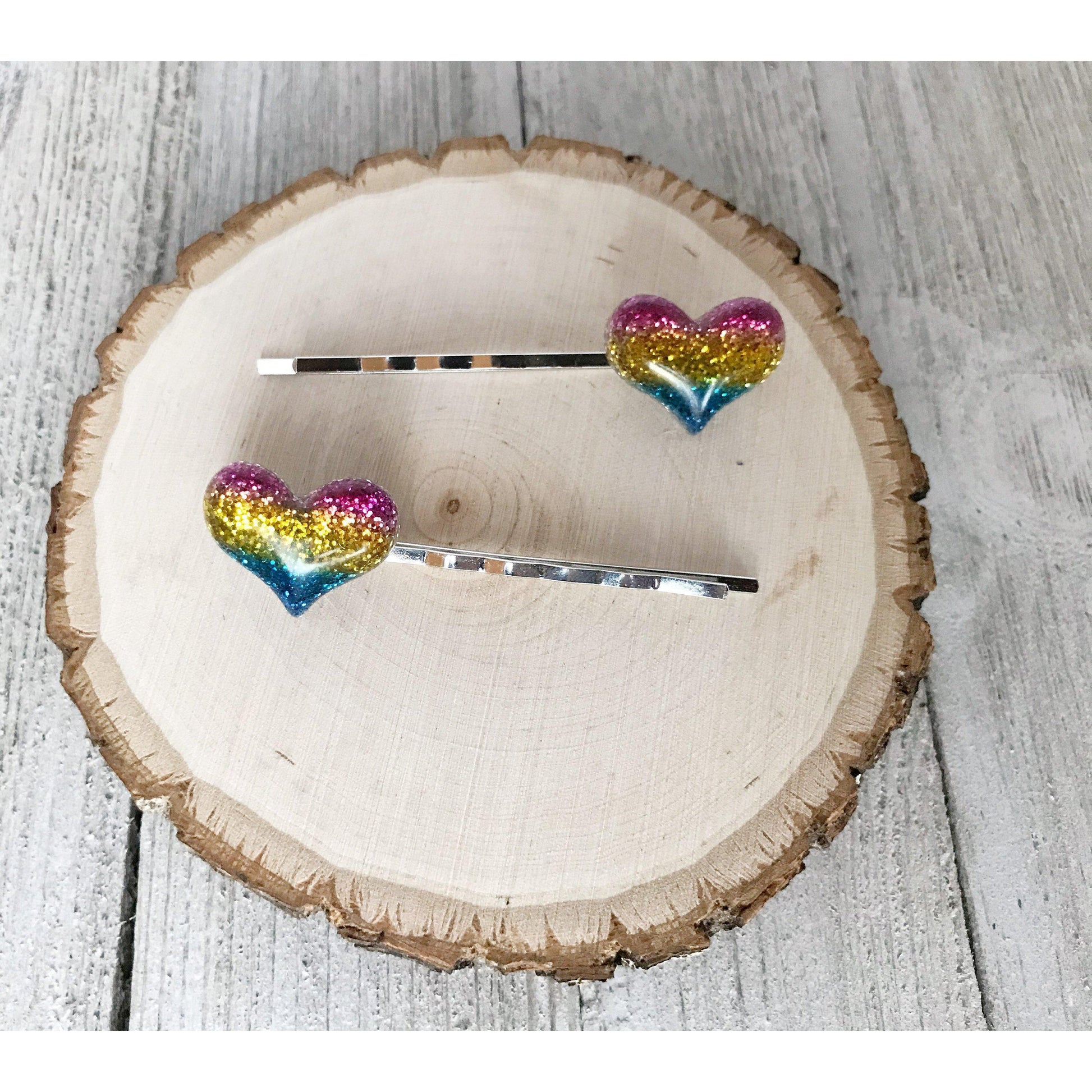 Rainbow Glitter Heart Hair Pins - Sparkling and Colorful Accessories