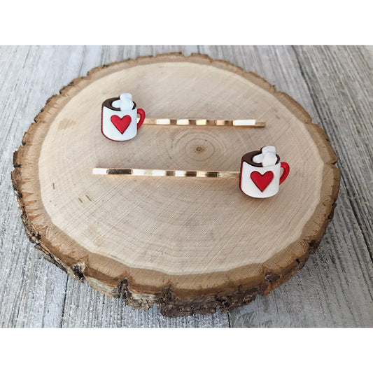 Hot Cocoa Bobby Pins, Hot Chocolate Hair Pins, Food Bobby Pins, Womens Hair Pins, Heart Hair Clips