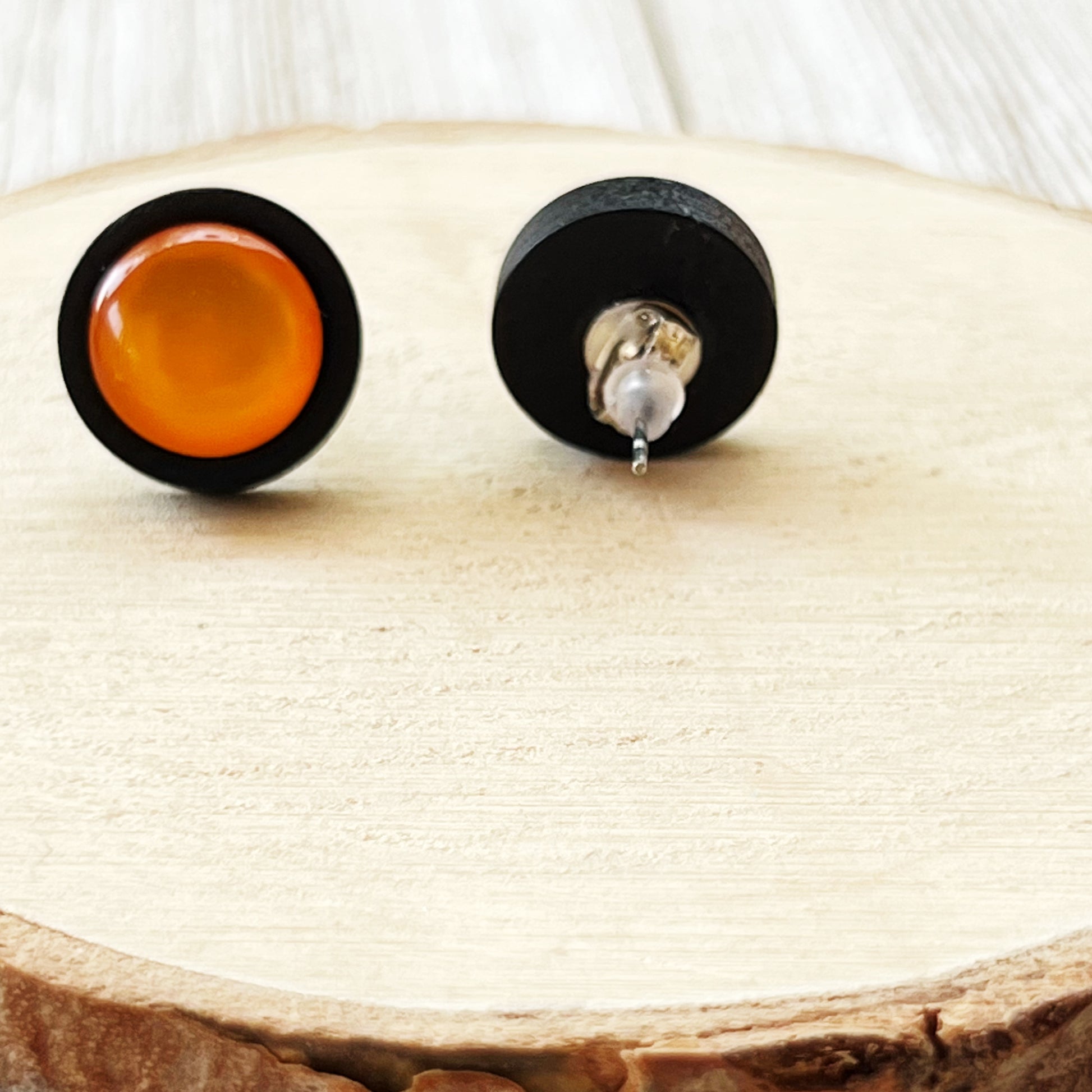 Orange Resin Black Wood Unisex Stud Earrings - Unique & Stylish Accessories