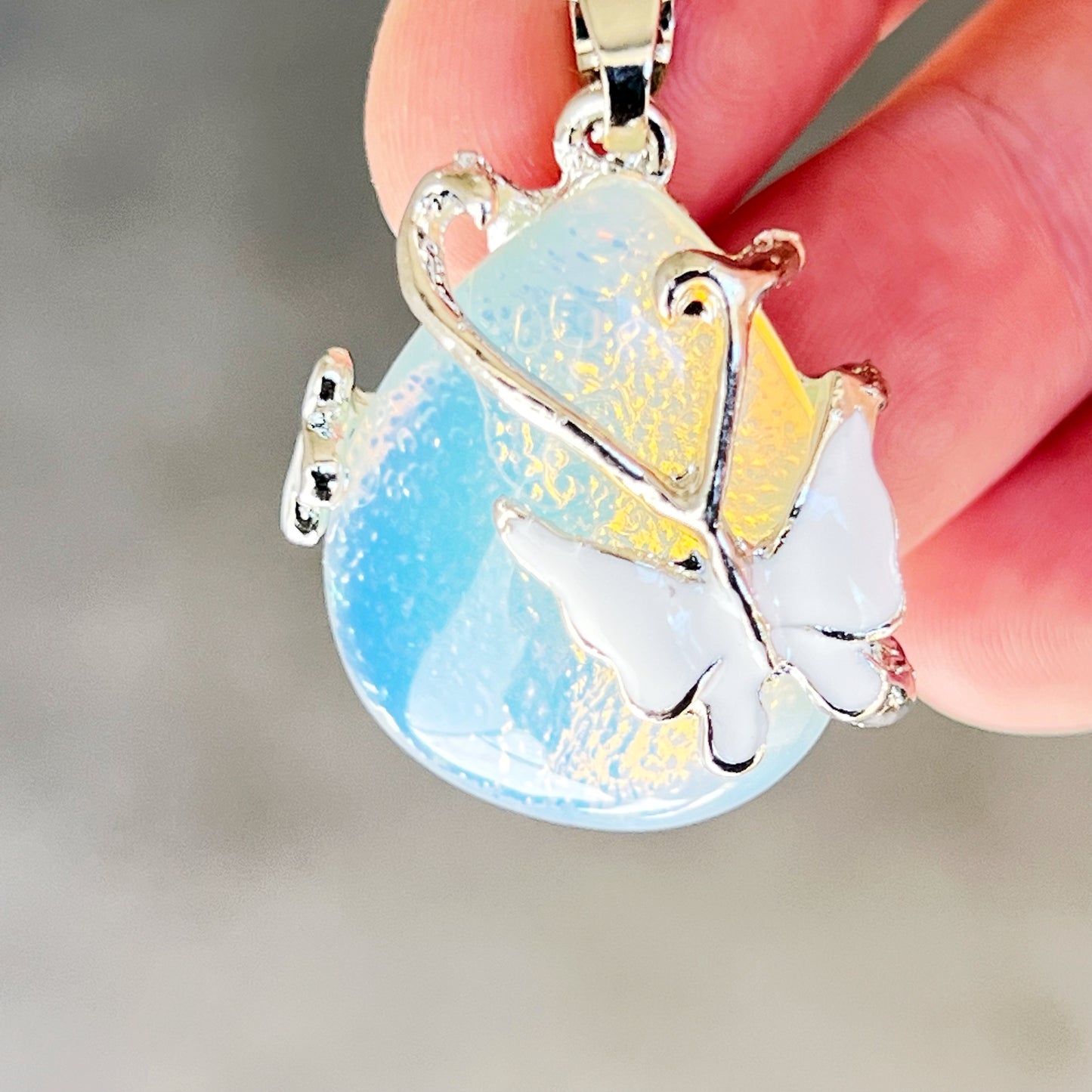 White Butterfly Wrapped Stone Zipper Pull Keychain Charm