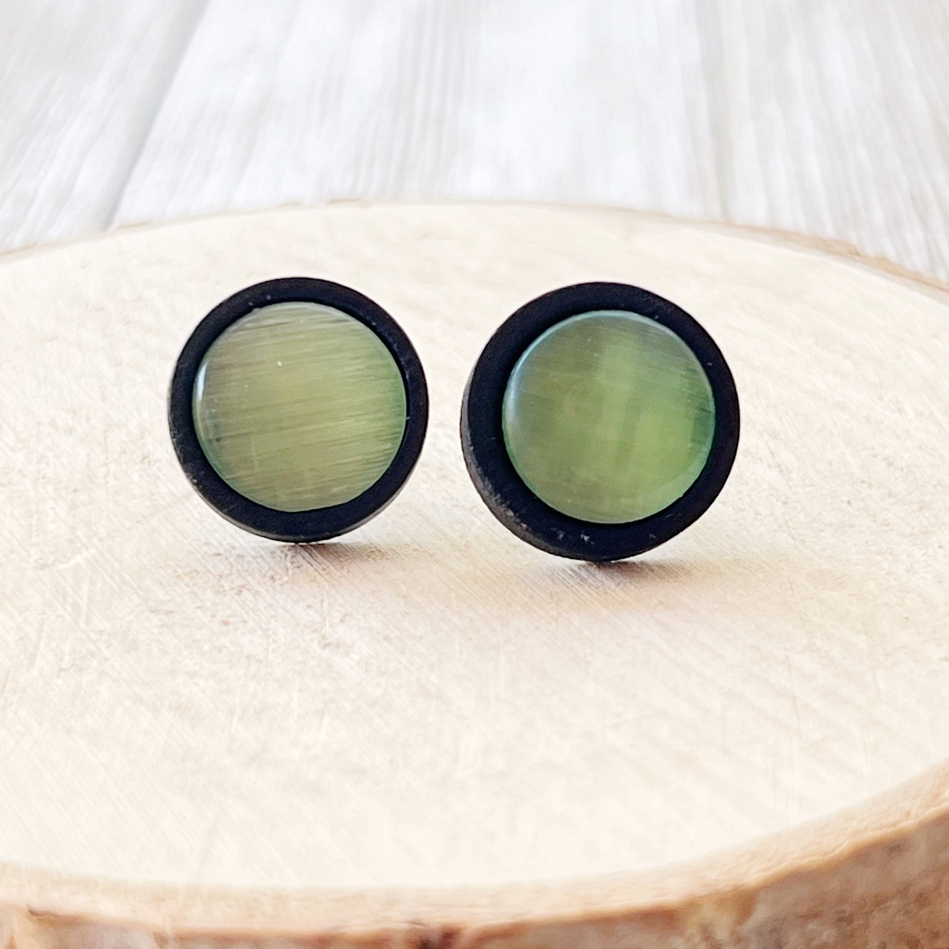 Green Glass Black Wood Unisex Stud Earrings - Stylish & Versatile Accessories