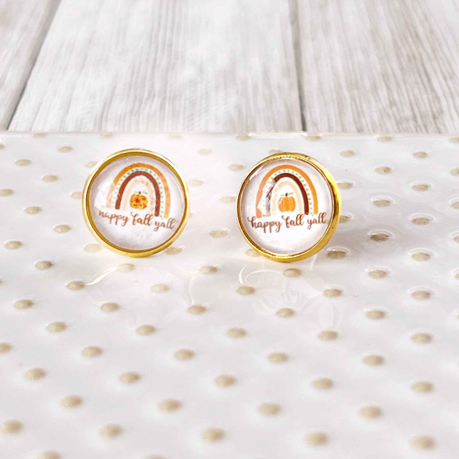 Boho Rainbow Happy Fall Y’all Gold Stud Earrings - Colorful & Festive Autumn Accessories