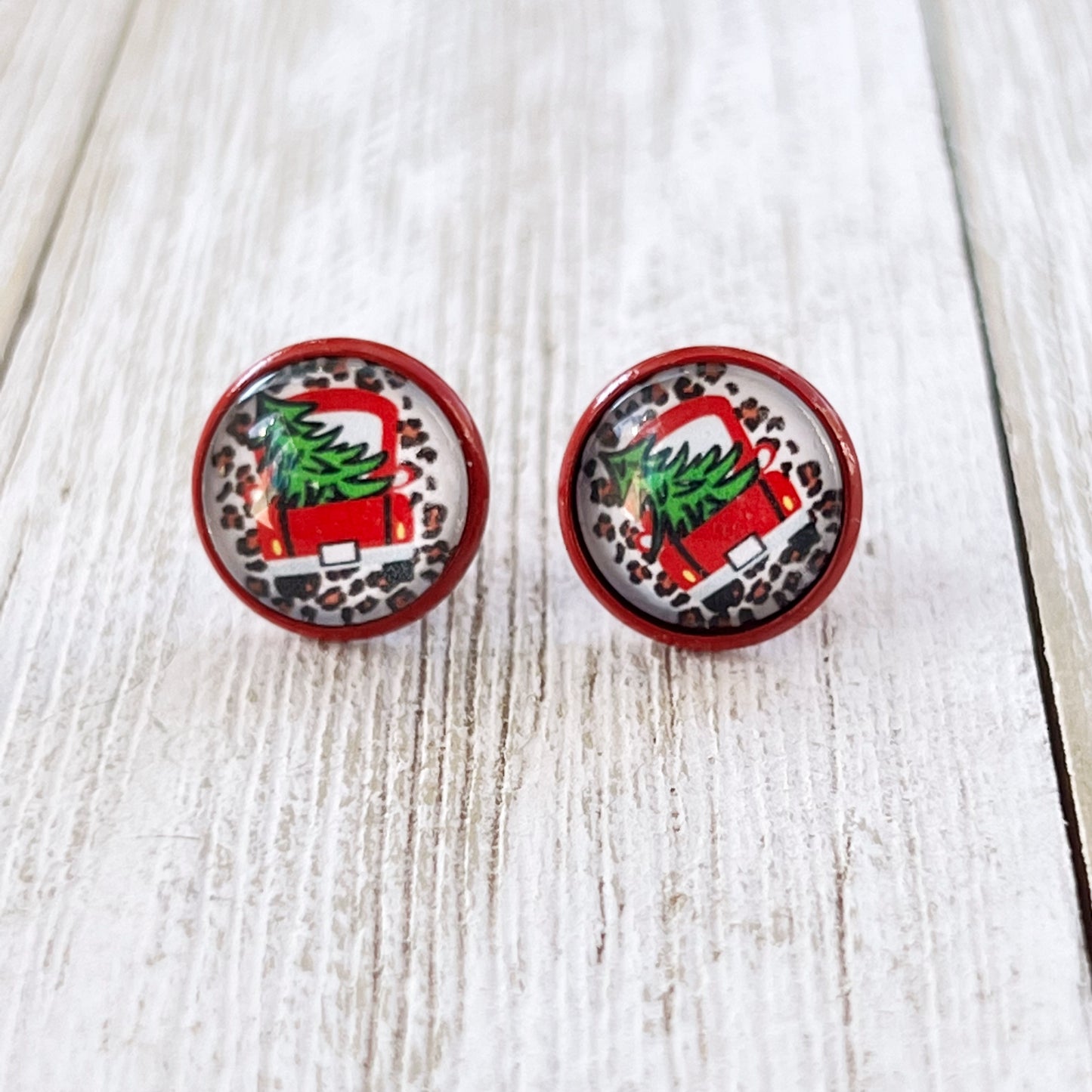 Red Truck with Christmas Tree Stud Earrings: Rustic Farmhouse Holiday Charm for Your Ears