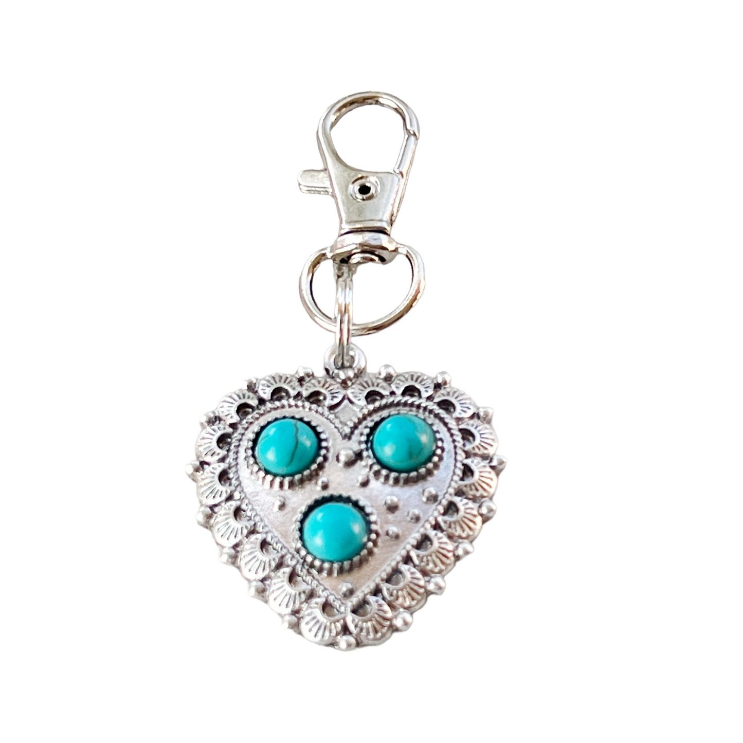 Turquoise Silver Heart Western Zipper Handbag Charm